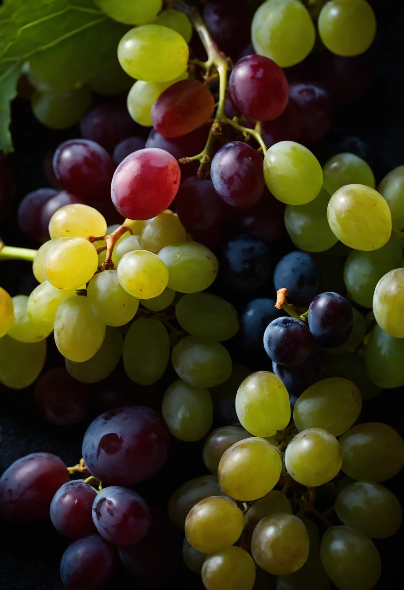 a top-down shot of a variety of grapes in different colors, arranged in a visually pleasing and appetizing composition.