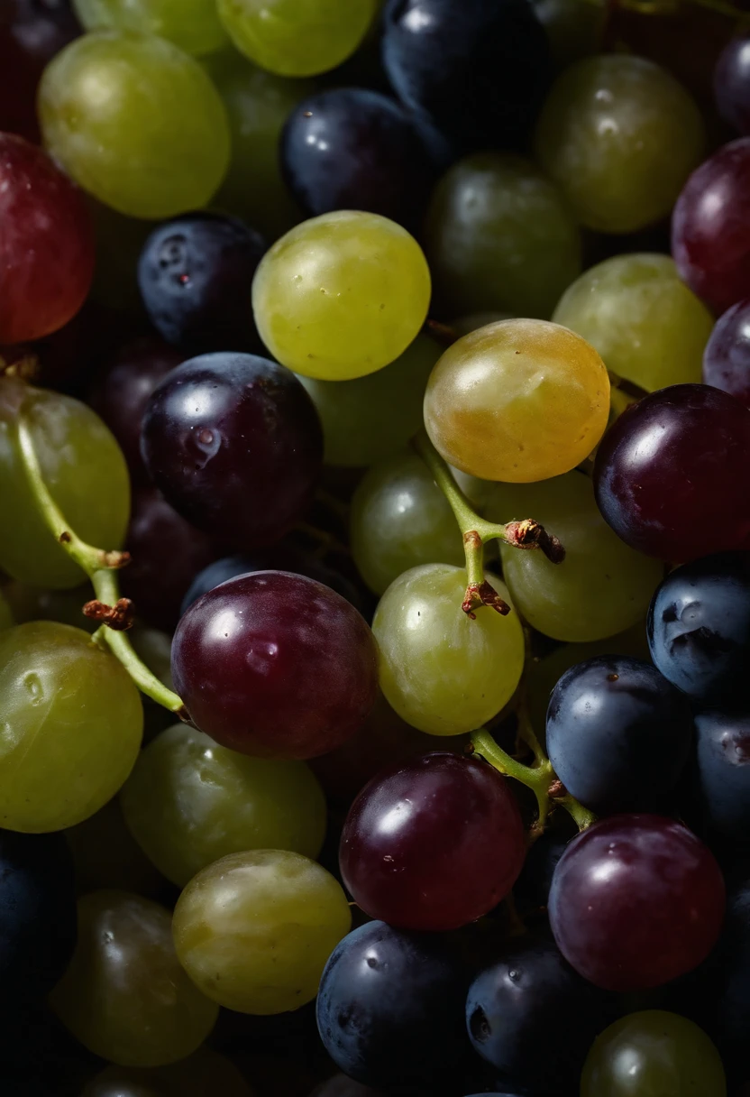 a top-down shot of a variety of grapes in different colors, arranged in a visually pleasing and appetizing composition.