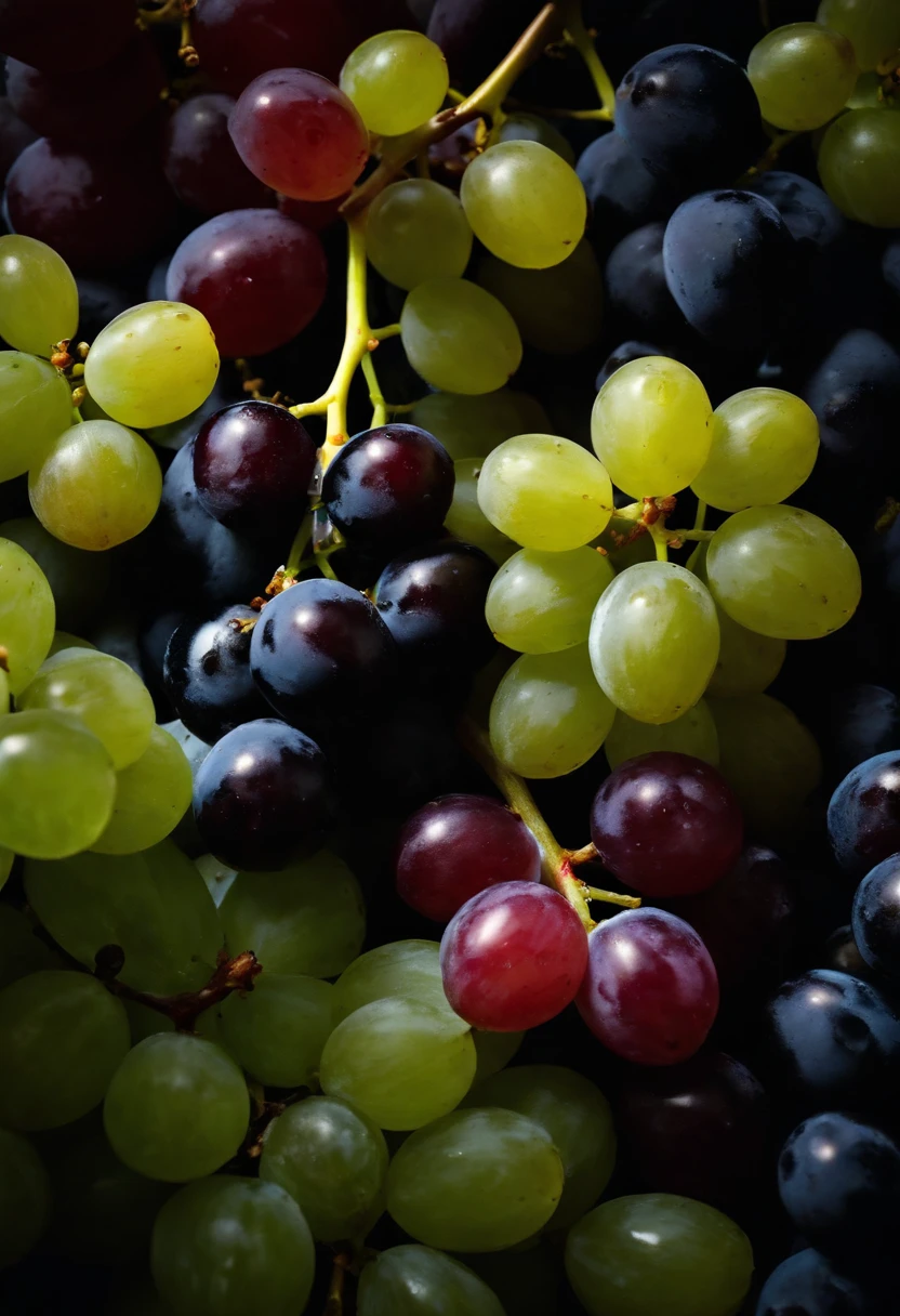 a top-down shot of a variety of grapes in different colors, arranged in a visually pleasing and appetizing composition.