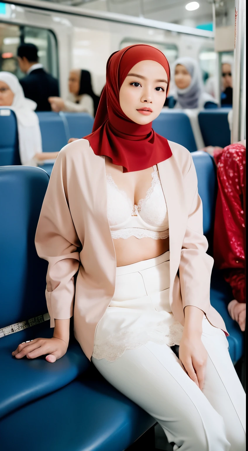 mira filzah laughing, wearing  pastel color cotton bra and pink platted short skirt in nighttime cafe, (mira filzah:1.3), wearing hijab, pastel color hijab, small breast, flat chest, bright lighting,