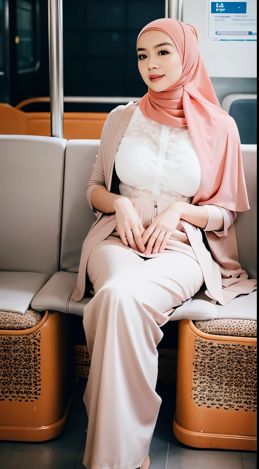 A photo of a young, nerdy malay woman in hijab sitting on 1 malay men in the train station, wearing a pastel white floral lace bra and panties, open leg, spread leg, surrounded by a cozy atmosphere, looking at the viewer, ultra detail skin, Hijab, slender, red lips, transparent fabric, big sagging breast,