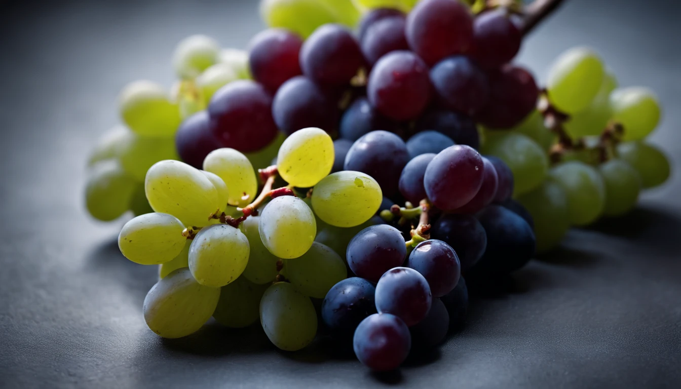 a top-down shot of a variety of grapes in different colors, arranged in a visually pleasing and appetizing composition.