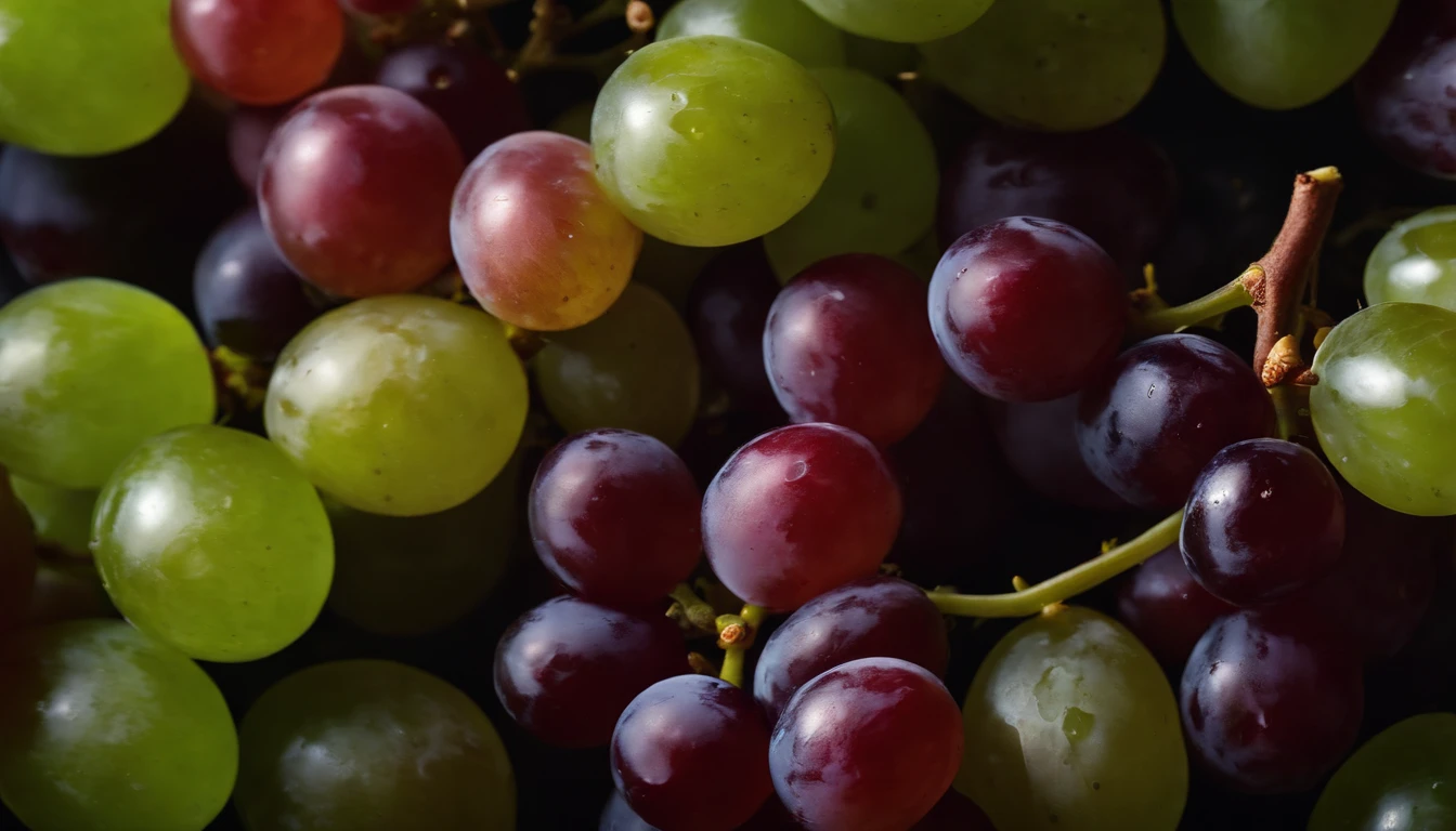 a top-down shot of a variety of grapes in different colors, arranged in a visually pleasing and appetizing composition.