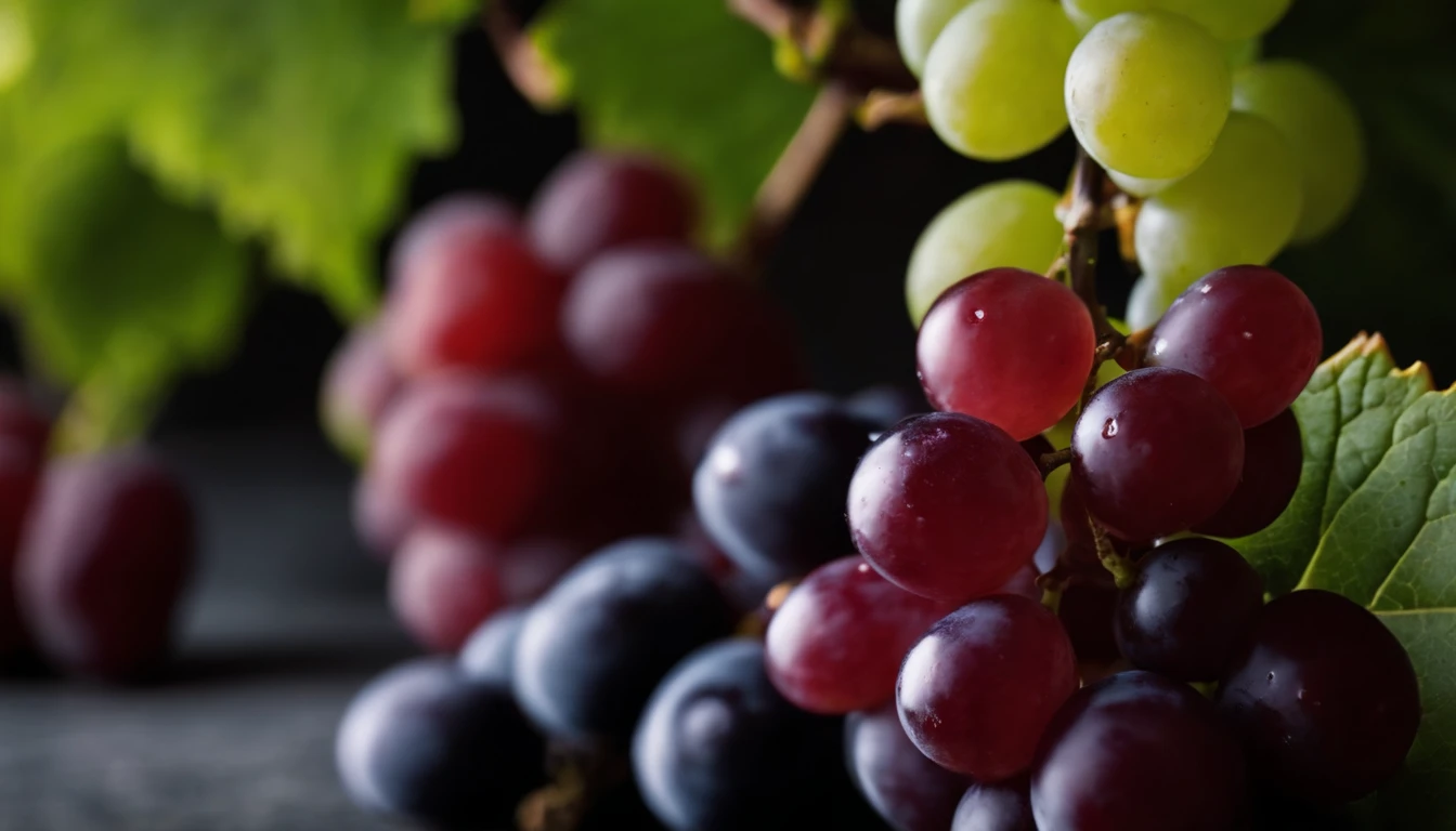 a top-down shot of a variety of grapes in different colors, arranged in a visually pleasing and appetizing composition.