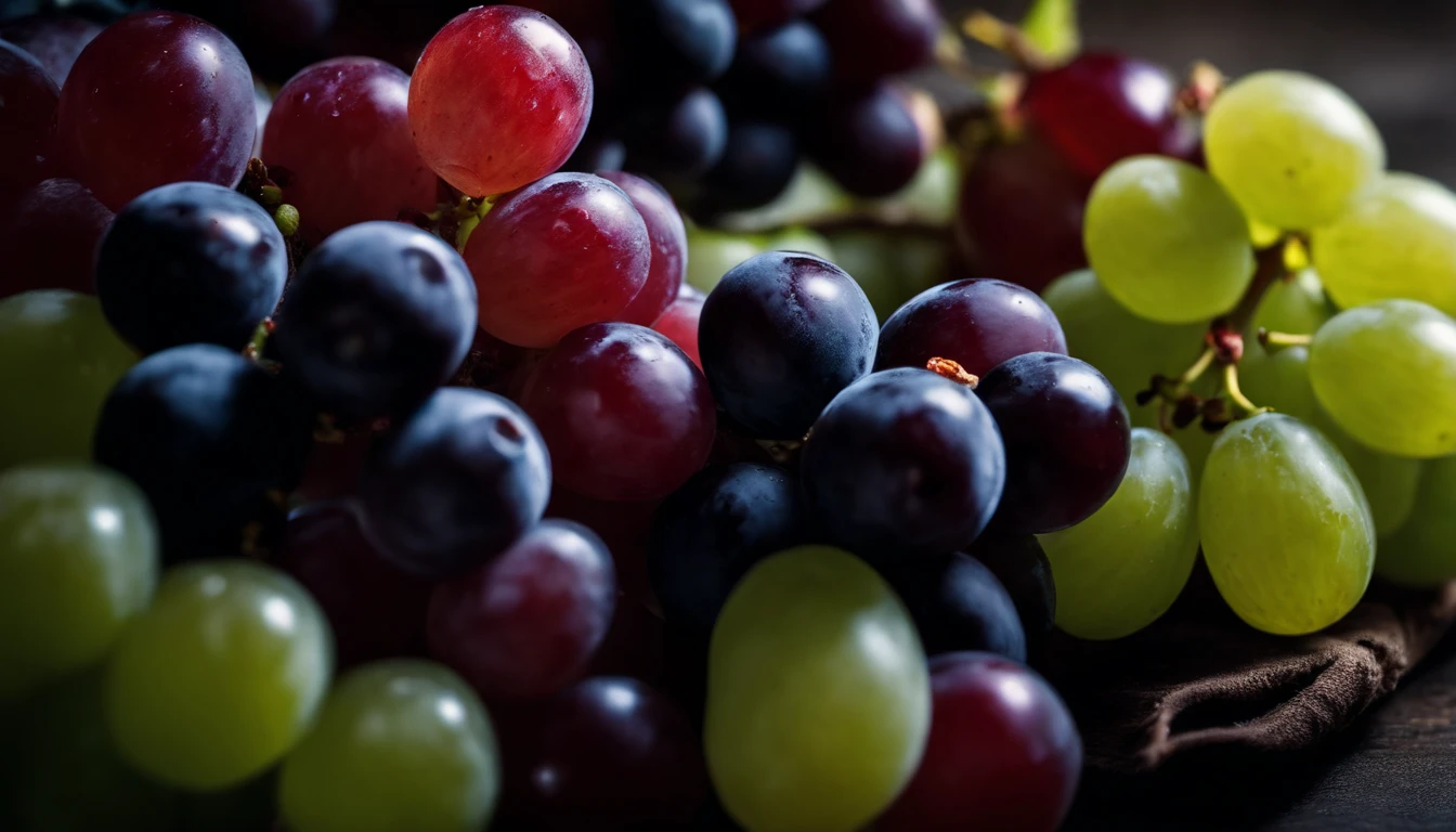 a top-down shot of a variety of grapes in different colors, arranged in a visually pleasing and appetizing composition.