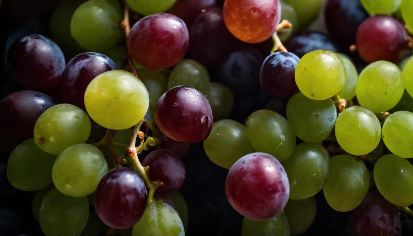 a top-down shot of a variety of grapes in different colors, arranged in a visually pleasing and appetizing composition.