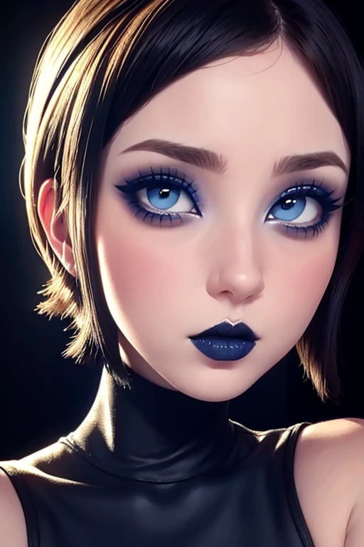 Beautiful face short hair moe style blue eyes pale skin gothic makeup, labios voluminosos nariz fina,  cuerpo esbelto extra grandes pechos