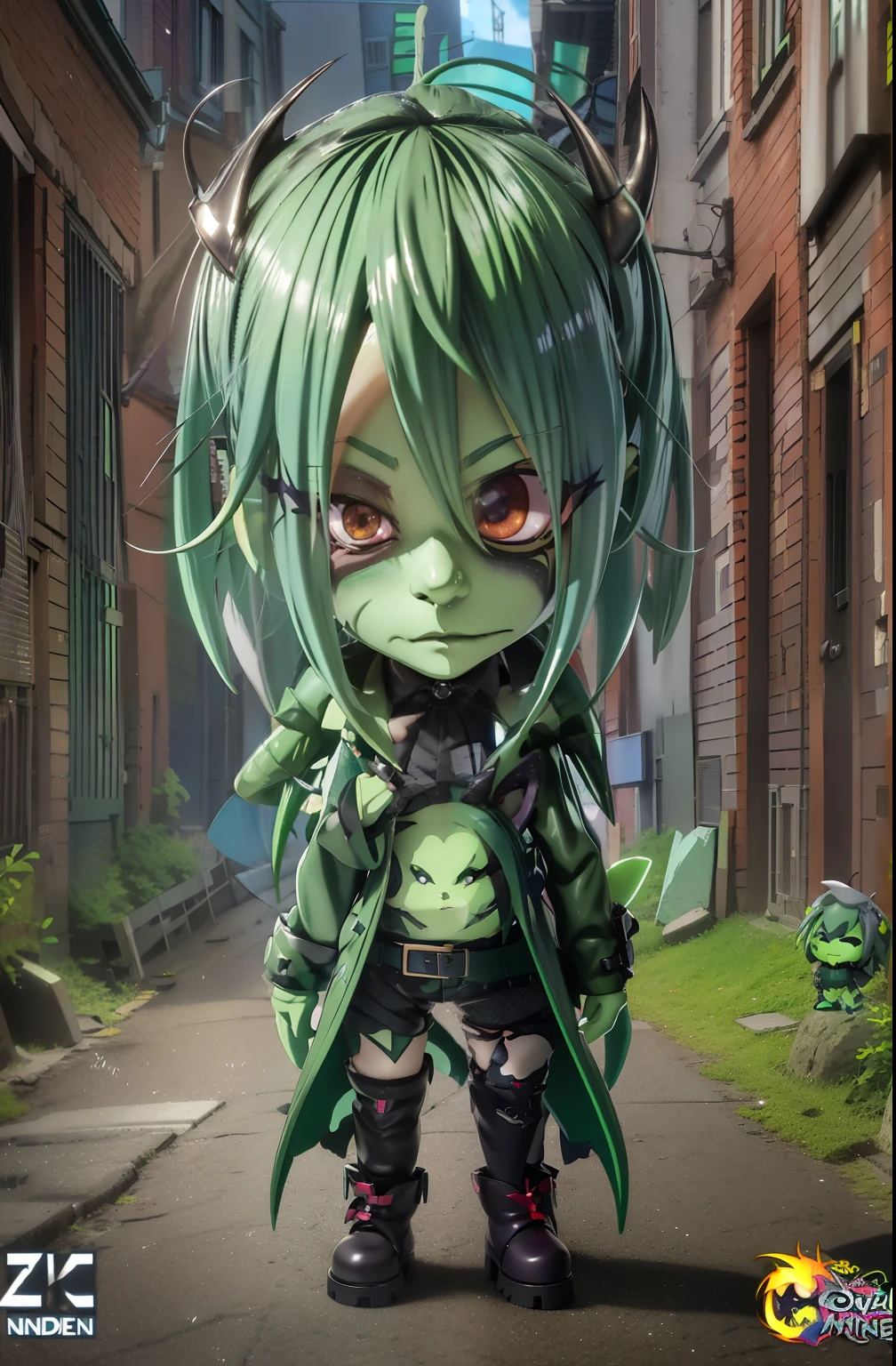 anime character with green hair and green eyes standing in a alley, chibi monster girl, highly detailed character, style as nendoroid, evil zombie, advanced digital chibi art, pathfinder nendoroid, hd artwork, chibi, zbrush central contest winner, water color nendoroid, is evil gremlin, zbrush contest winner, anime monster girl, colored zbrush render