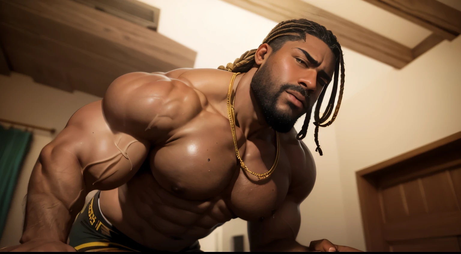 Giant 18 years old black man, absurdly huge bulge, giant growing more and more, giantic, colossal, muscle domination, macrophilia, sexy, briefs, stubble, broad shoulders, thick lips, vascular, ((very dark skin)), (black skin), very sweaty, huge belly, thick thighs, very thick arms, large , smirk, tattoo, thug, gold jewelry, heavy gold chain, romantic, blushing, veiny hands, photorealistic, romantic, dreadlocks, short beard, looking at viewer, from below, steaming body, sweaty body , steam, on all fours on beach, wet