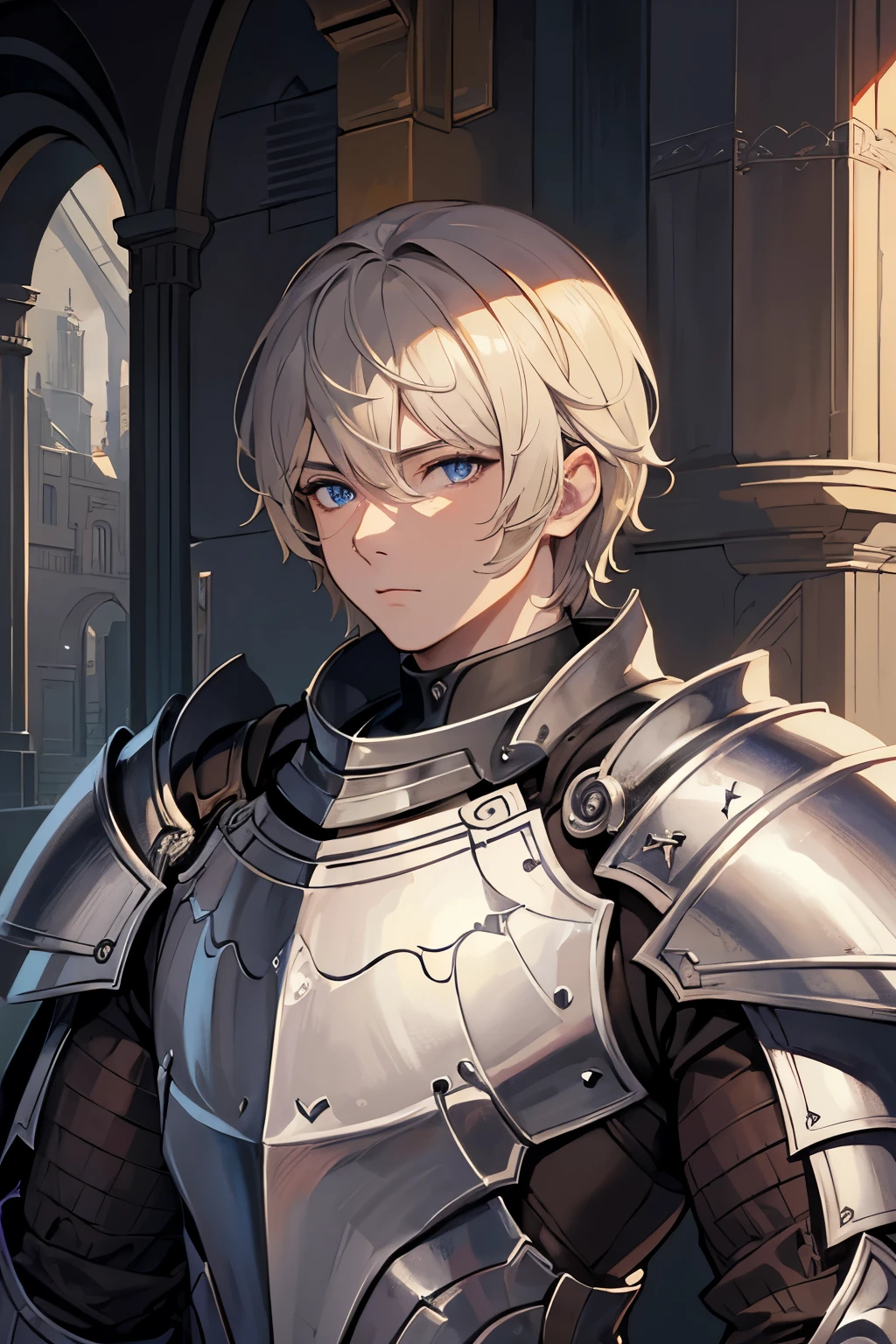 best quality, masterpiece, illustration, ultra-detailed, beautiful detailed eyes, detailed face, (1boy), masculine, fantasy, (iron armor:1.4), (knight), detailed background,