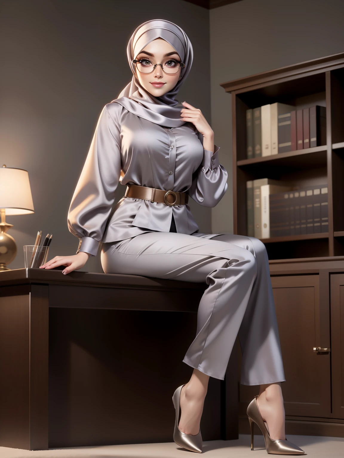 Masterpiece, realistic, best quality, best lighting, 1 girl photo solo, MILF, Muscular, beautifully makeup, eyeshadow, Parted Lips, Detailed Eyes, beautiful big eyes, long eye lashes, smile, wearing ((gray satin headscarf)), loosely tide hijab style, ((brown satin shirt)), satin long pants, office attire, sitting on desk, book shelve, office, full body, front view, round glasses