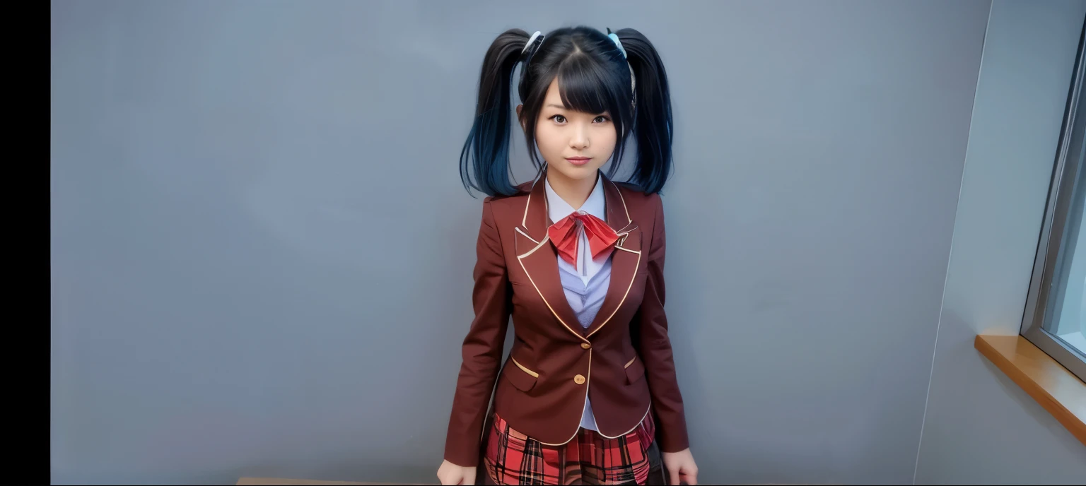 Japanese woman, blue hair, School uniform