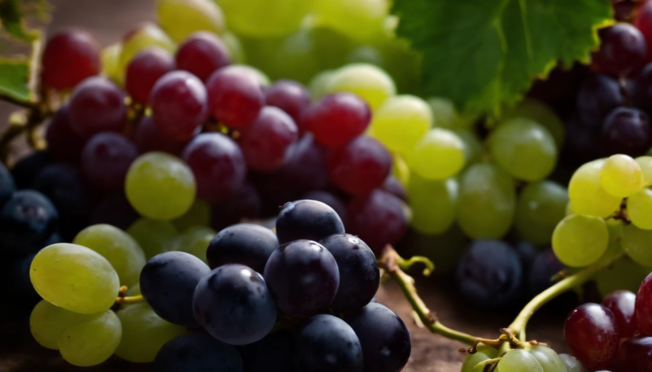 a top-down shot of a variety of grapes in different colors, arranged in a visually pleasing and appetizing composition.