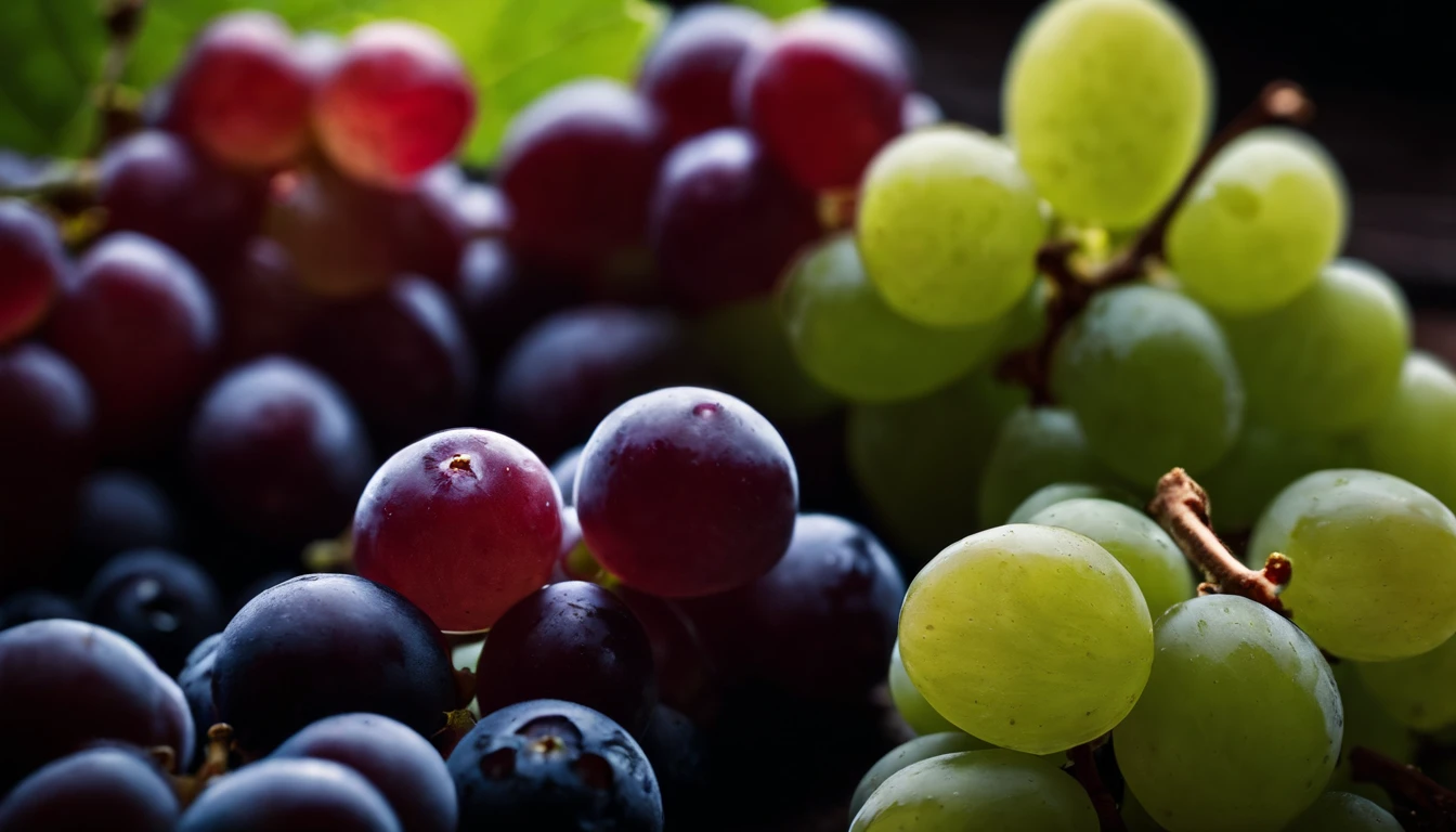 a top-down shot of a variety of grapes in different colors, arranged in a visually pleasing and appetizing composition.