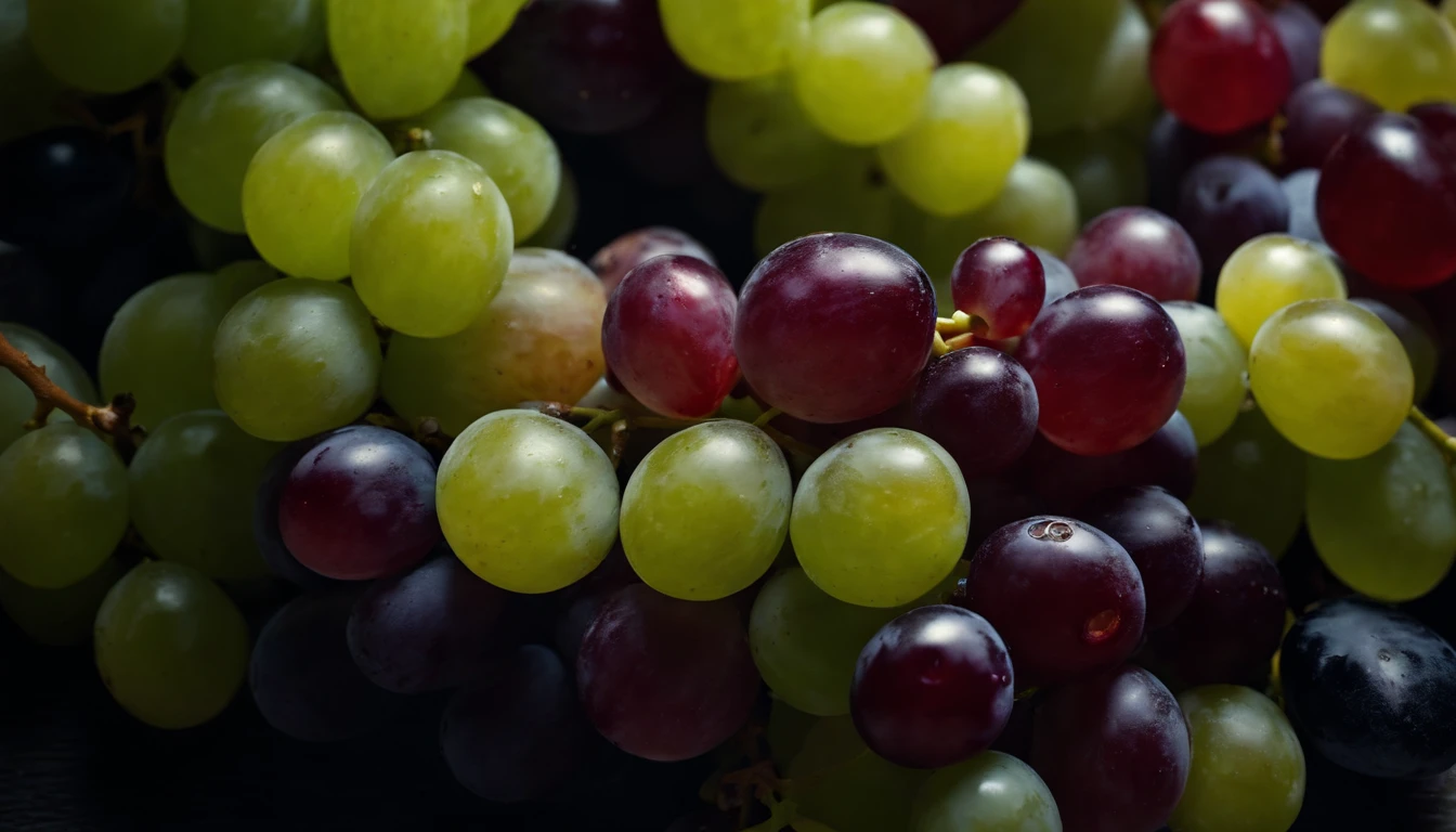 a top-down shot of a variety of grapes in different colors, arranged in a visually pleasing and appetizing composition.