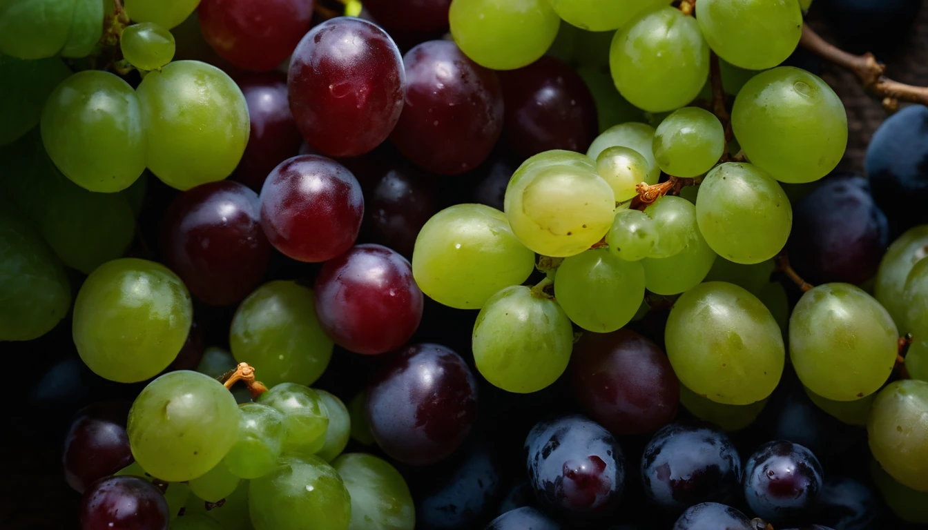 a top-down shot of a variety of grapes in different colors, arranged in a visually pleasing and appetizing composition.