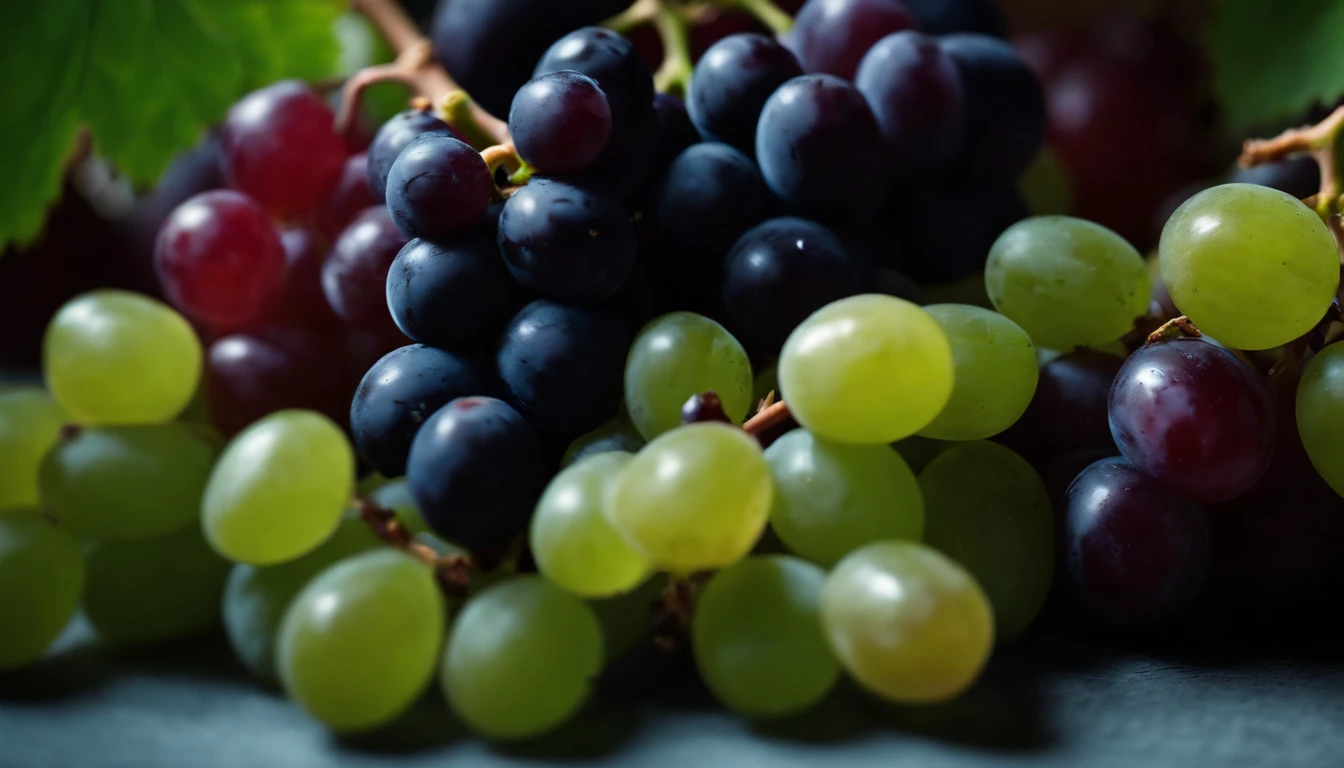 a top-down shot of a variety of grapes in different colors, arranged in a visually pleasing and appetizing composition.