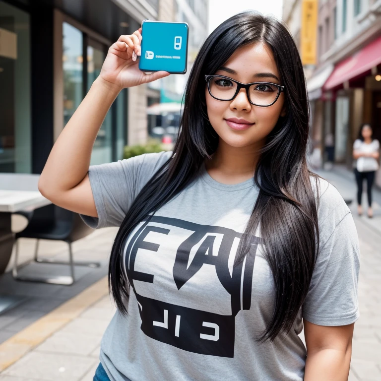 Generate images of a female character, aged 19 to 23, with a slightly overweight build, wearing rectangular glasses and a black hair AI-related stamped shirt/top. Ensure she displays expressions of excitement, surprise, and curiosity while maintaining a relatable, youthful, tech-savvy, and approachable appearance. Capture the ideal qualities for a dynamic and engaging female narrator avatar with a body type that reflects diversity and inclusivity, chubby, in AI-related YouTube content.