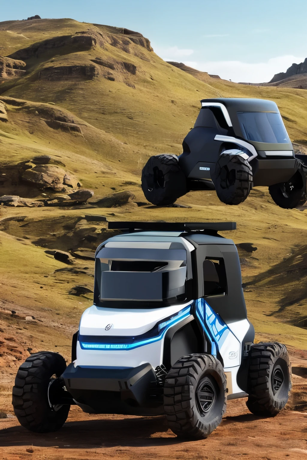 An outdoor off-road rescue robot，Equipped with communication device，There is lidar and robotic arm on the top，There is storage space in the middle，Bottom has suspension and large wheels，The chassis relies on batteries for power，Low profile，military grade，Industrial design style，Product design，Frontal angle，solid color backdrop