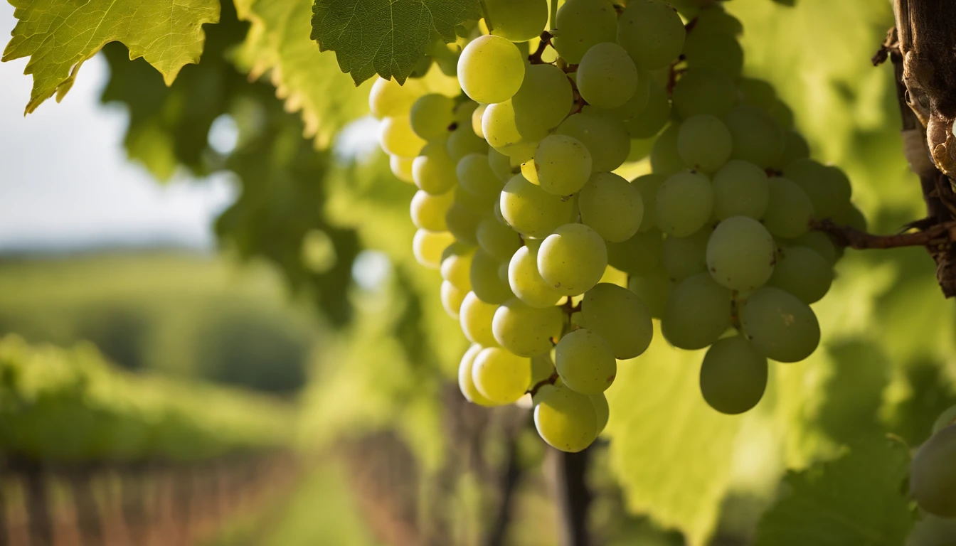 a high-resolution shot of a grapevine in a vineyard, with lush green leaves and clusters of grapes, evoking the beauty and abundance of nature’s harvest