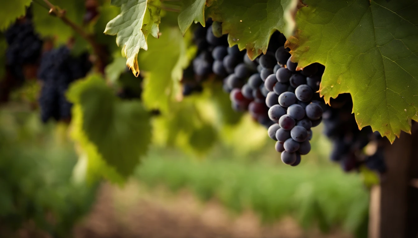 a high-resolution shot of a grapevine in a vineyard, with lush green leaves and clusters of grapes, evoking the beauty and abundance of nature’s harvest