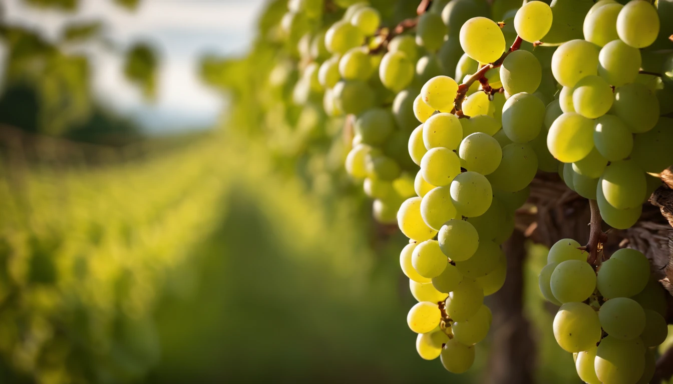 a high-resolution shot of a grapevine in a vineyard, with lush green leaves and clusters of grapes, evoking the beauty and abundance of nature’s harvest