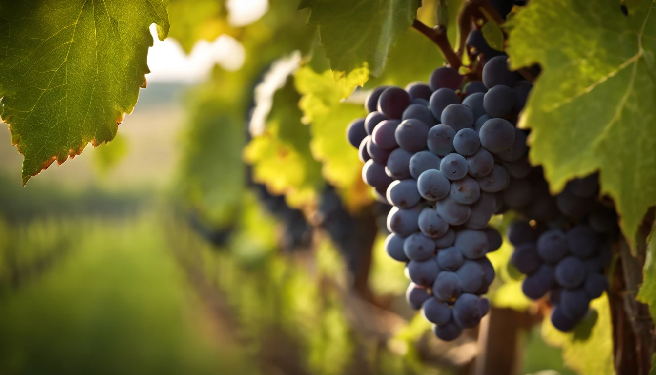 a high-resolution shot of a grapevine in a vineyard, with lush green leaves and clusters of grapes, evoking the beauty and abundance of nature’s harvest