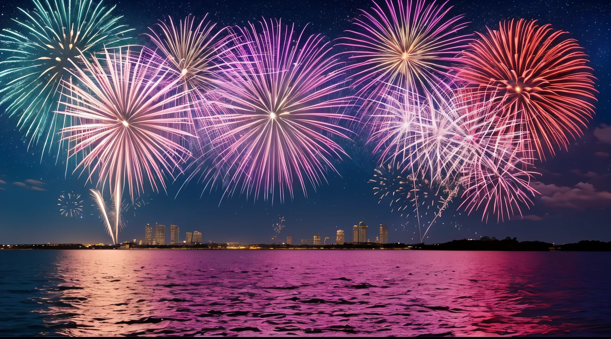 Create a stunning and highly detailed image depicting a cinematic scene of fireworks on a beach at night. Capture the explosion of colors in the night sky, reflecting on the gentle traces of the ocean waves. Ensure to incorporate an advanced level of details, highlighting the texture of the beach sands, the subtle luminescence of the stars, and the ephemeral glow of the fireworks. The image should convey a magical and immersive atmosphere, brimming with emotion and beauty, as if it were a scene from a movie. --auto --s2