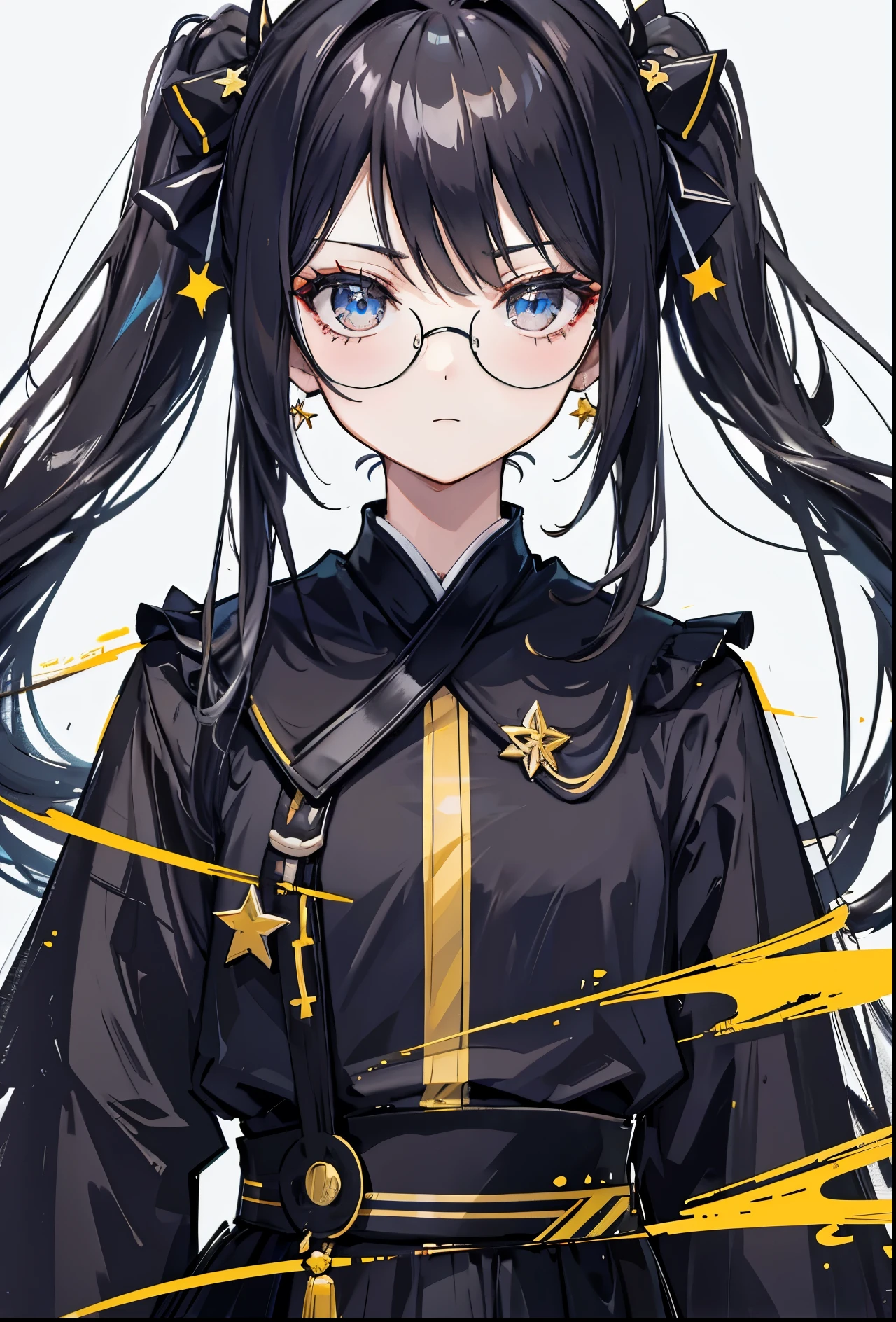 Dark yellow twin ponytails,Hair appears as a whole,But there is a sense of black attachment,Star decoration,Meteor decoration,With black glasses,There is a deceptive look in the eyes,Girl but very handsome,There is a sense of contempt in his eyes,黑黄的冲锋衣有着Star decoration