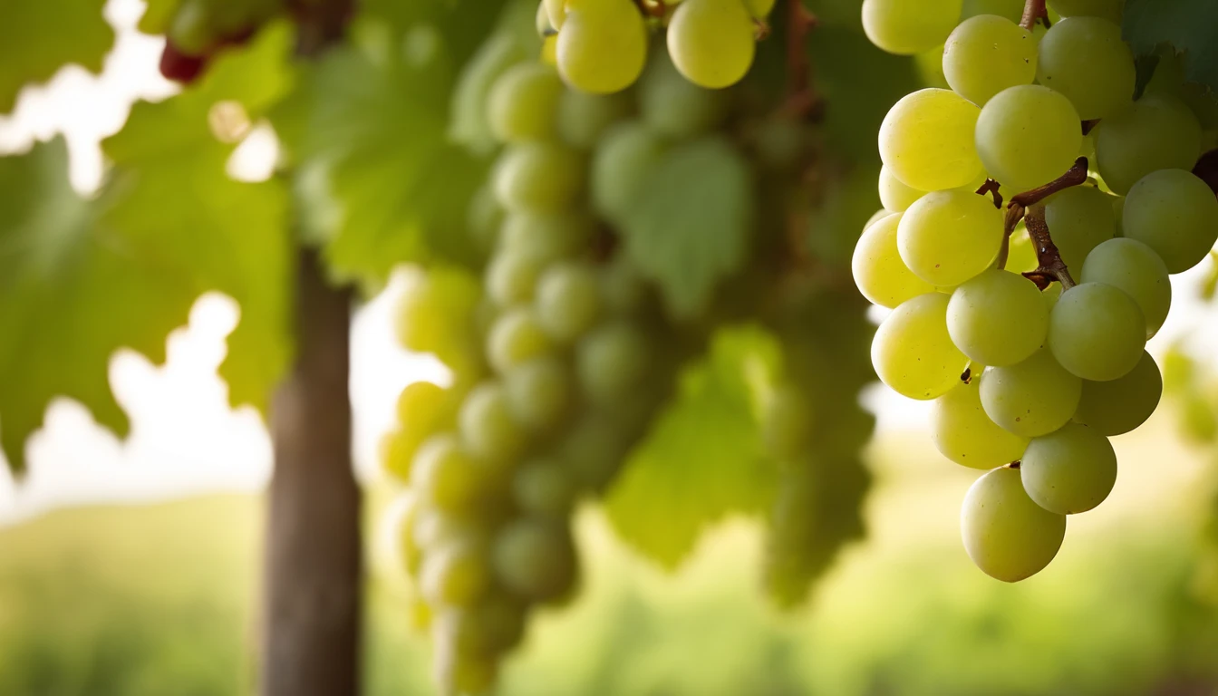 a high-resolution shot of a grapevine in a vineyard, with lush green leaves and clusters of grapes, evoking the beauty and abundance of nature’s harvest
