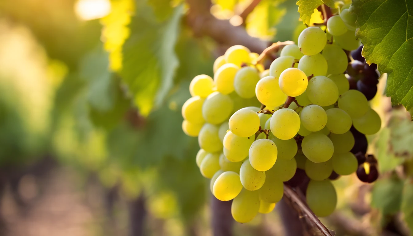 a high-resolution shot of a grapevine in a vineyard, with lush green leaves and clusters of grapes, evoking the beauty and abundance of nature’s harvest