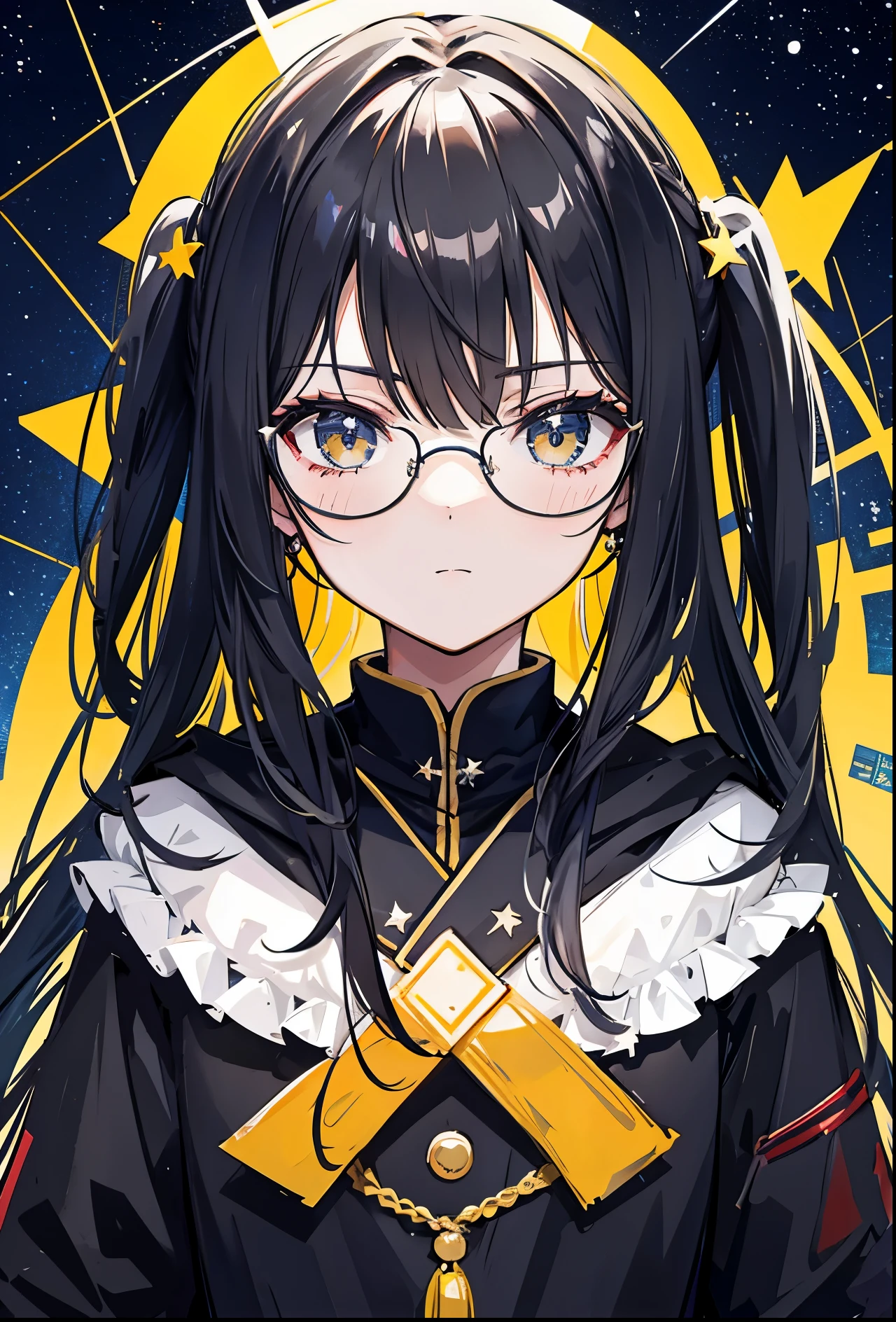 Dark yellow twin ponytails，Hair appears as a whole，But there is a sense of black attachment，Star decoration，Meteor decoration，With black glasses，There is a deceptive look in the eyes，Girl but very handsome，There is a sense of contempt in his eyes，黑黄的冲锋衣有着Star decoration