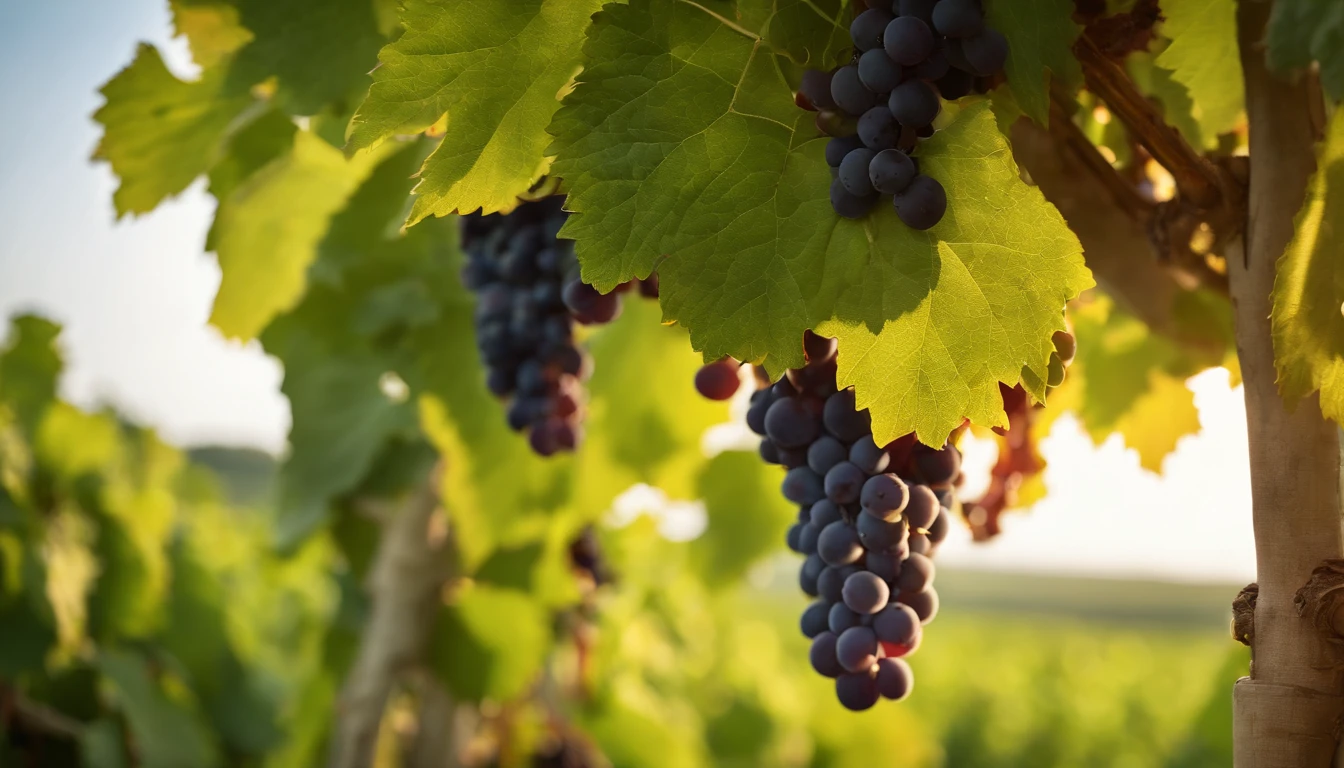 a high-resolution shot of a grapevine in a vineyard, with lush green leaves and clusters of grapes, evoking the beauty and abundance of nature’s harvest