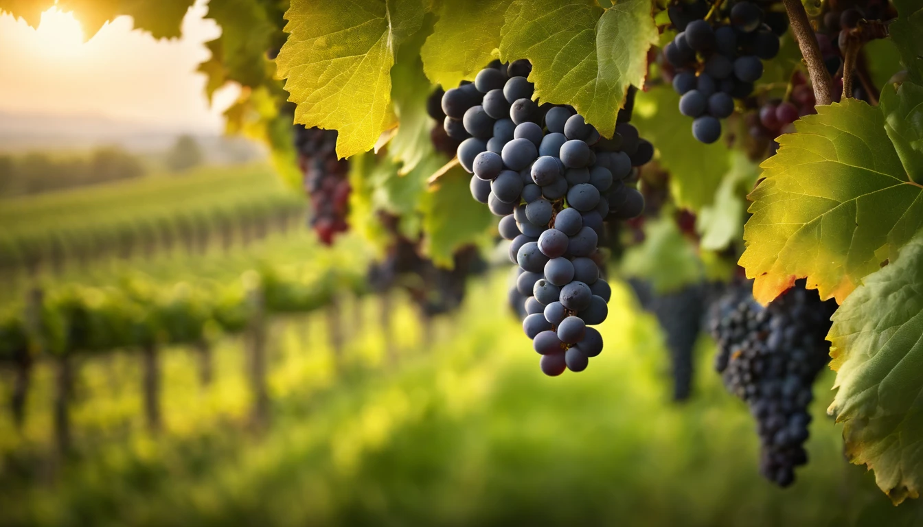 a high-resolution shot of a grapevine in a vineyard, with lush green leaves and clusters of grapes, evoking the beauty and abundance of nature’s harvest
