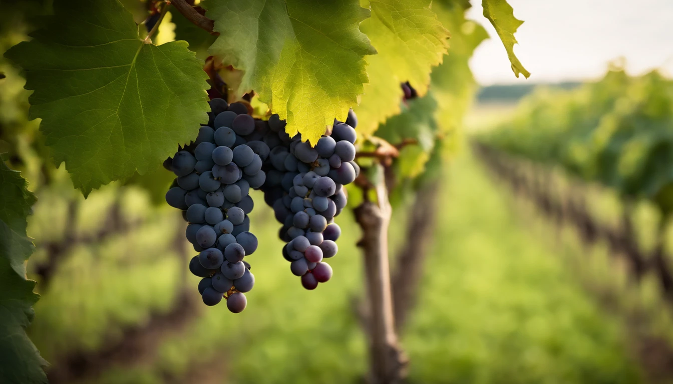 a high-resolution shot of a grapevine in a vineyard, with lush green leaves and clusters of grapes, evoking the beauty and abundance of nature’s harvest