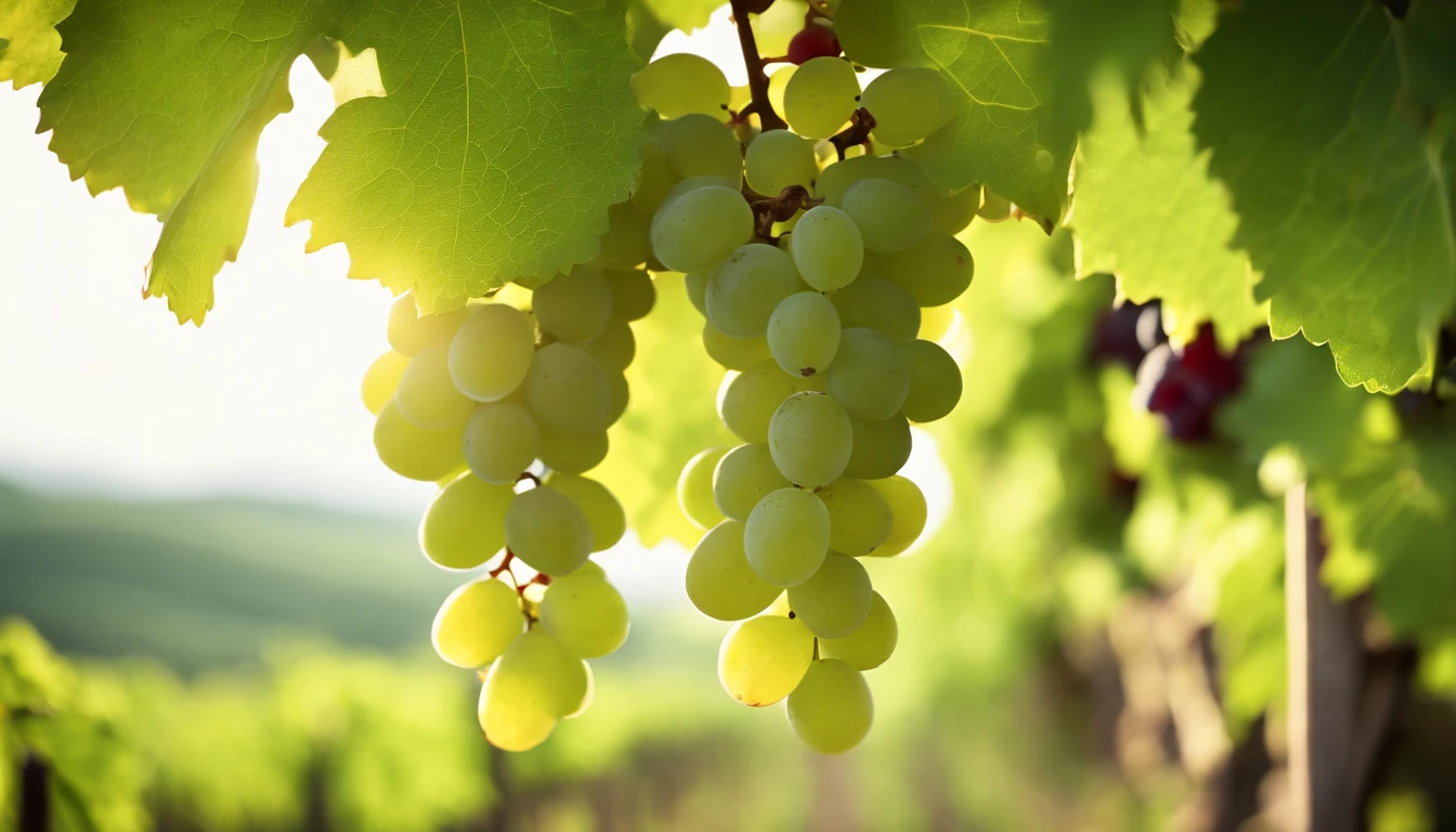 a high-resolution shot of a grapevine in a vineyard, with lush green leaves and clusters of grapes, evoking the beauty and abundance of nature’s harvest
