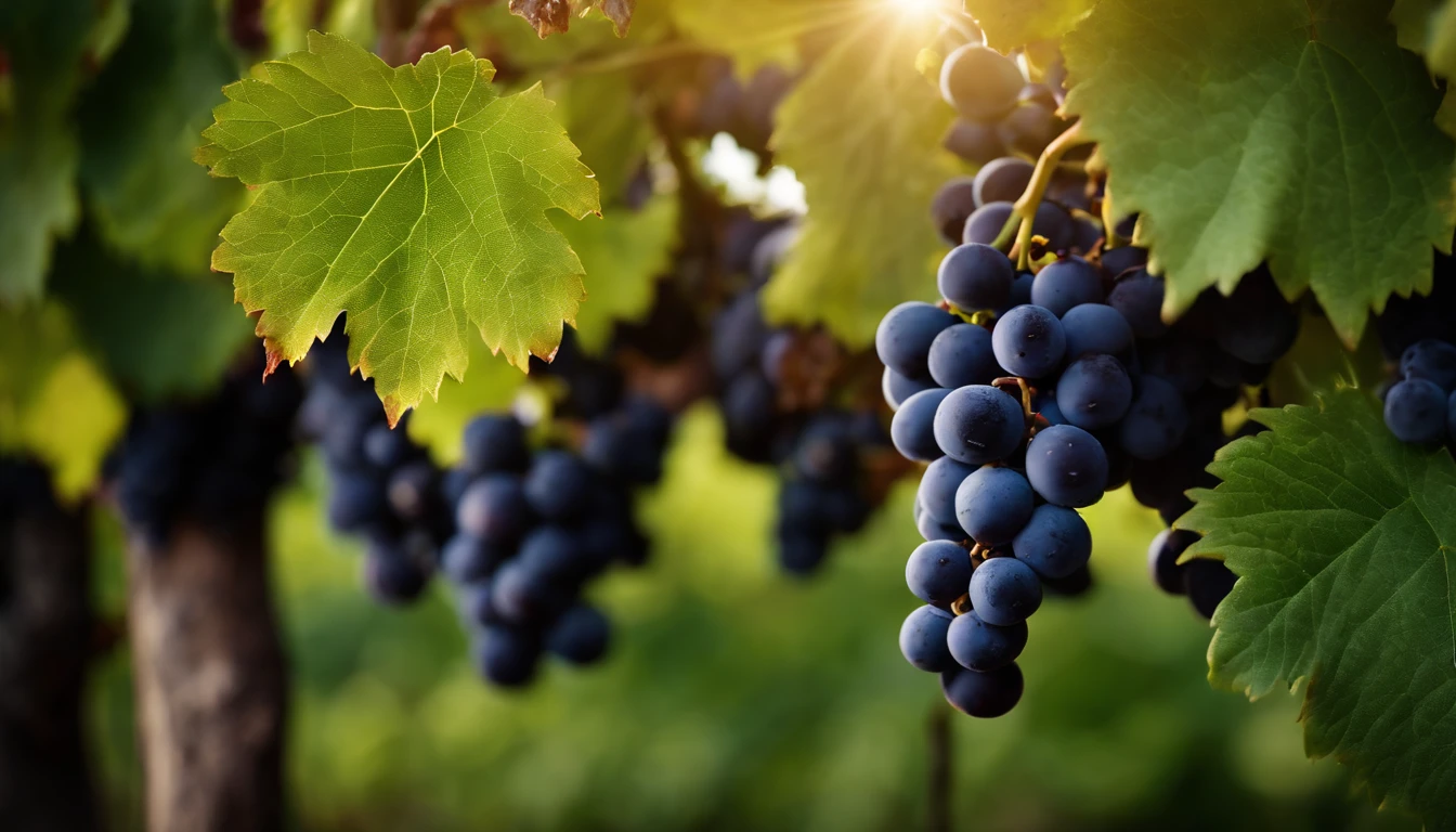 a high-resolution shot of a grapevine in a vineyard, with lush green leaves and clusters of grapes, evoking the beauty and abundance of nature’s harvest