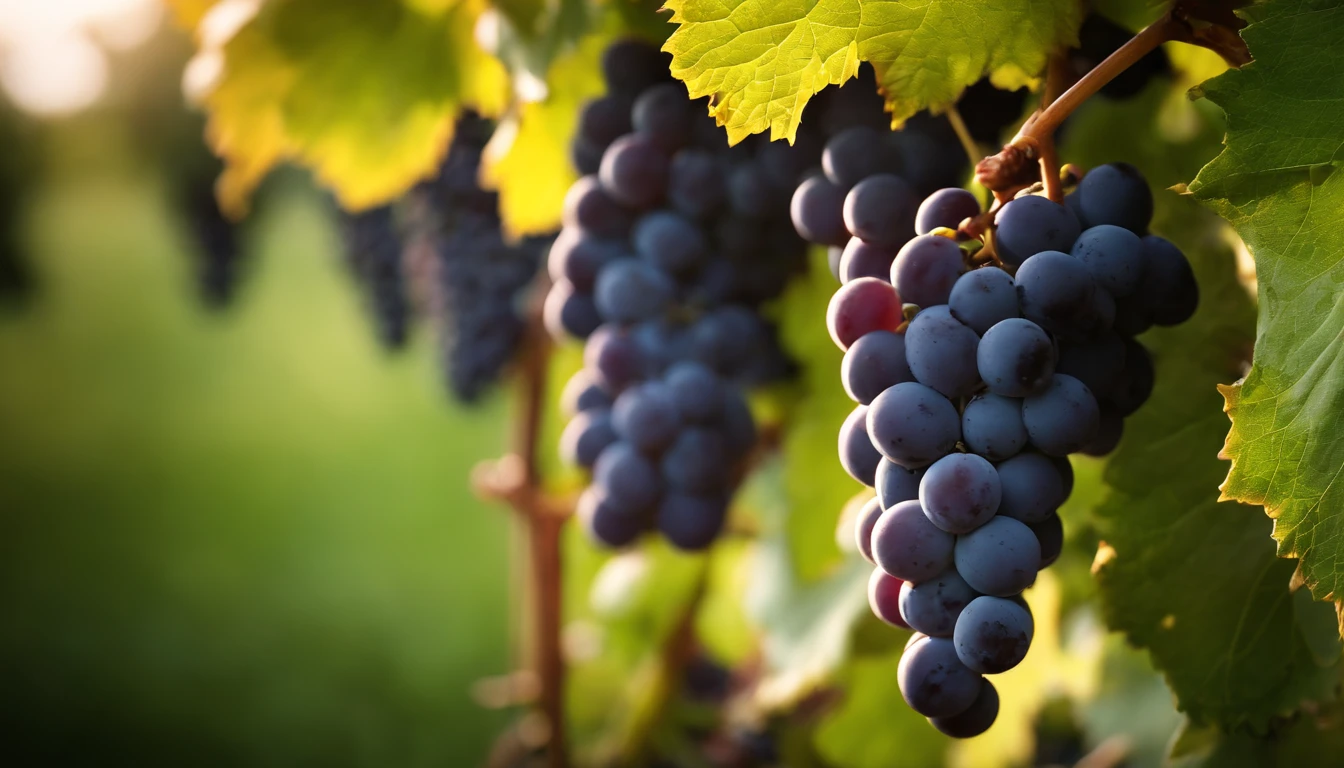 a high-resolution shot of a grapevine in a vineyard, with lush green leaves and clusters of grapes, evoking the beauty and abundance of nature’s harvest