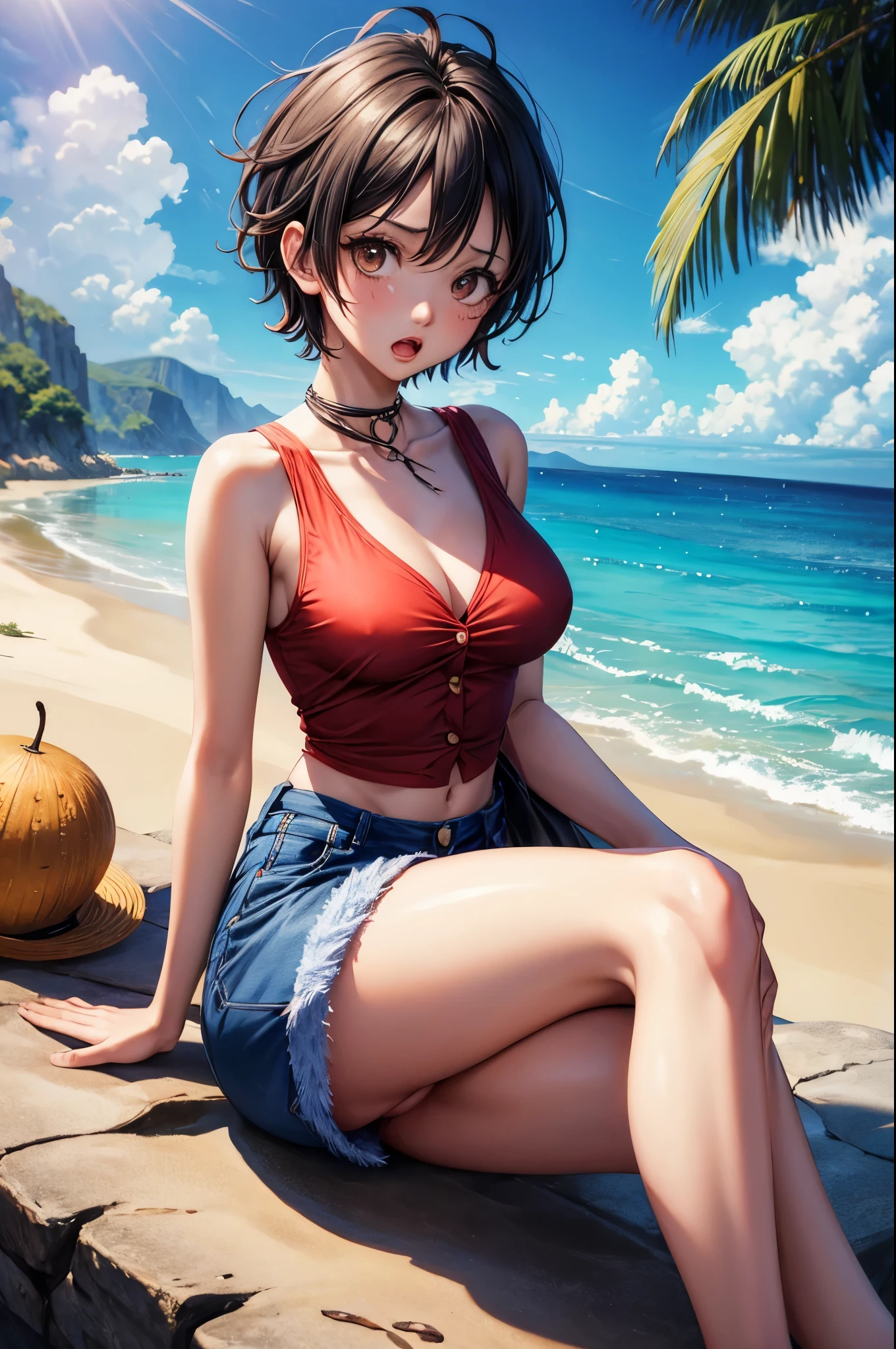 (masterpiece), best quality, expressive eyes, perfect face, highres, 1 girl, solo, monkey_d_luffy, scar, scar under eye, genderswap, short hair, sleeveless, brown eyes, red shirt, open shirt, short, knees up, surprised face, scared expression, open mouth, tropical island, sand, sitting on floor, portrait, looking at the viewer,