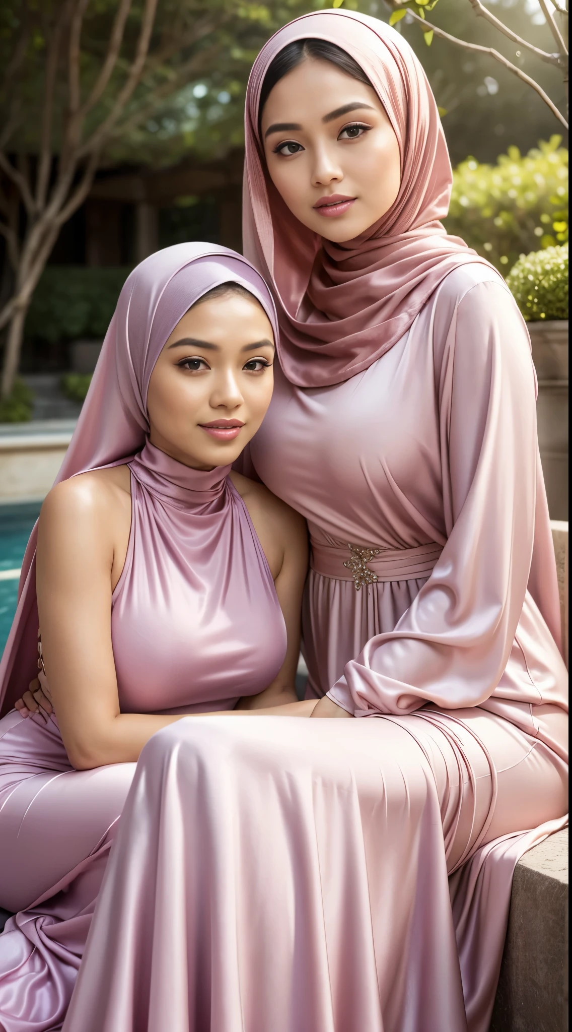 (Close up), RAW, Best quality, high resolution, masterpiece: 1.3), two beautiful Malay woman in hijab,Masterpiece, perfect fit body,(big breast) , big gorgeous eyes,thick thighs,beutifull face, Soft smile,two women in long dresses sitting next to each other, beautiful silky dress, light pink tonalities, sleek robes, in long pink or violet dresses, soft silk dress, silk dress, beautiful soft silky dress, standing and posing elegantly, elegant evening gowns!, ombre velvet gown, wearing an elegant dress, shades of pink, pastel', beautiful shades , she is smiling,Delicate turtleneck, afternoon walk, City garden, Excellent lighting, Bright colors, Clean lines