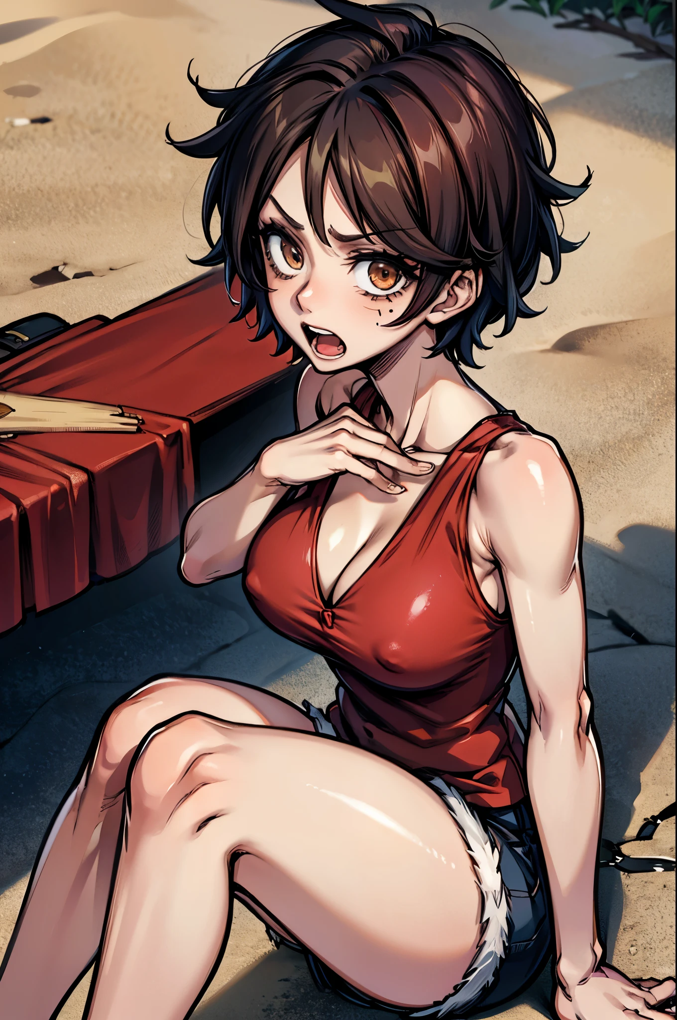 (masterpiece), best quality, expressive eyes, perfect face, highres, 1 girl, solo, monkey_d_luffy, scar, scar under eye, genderswap, short hair, sleeveless, brown eyes, red shirt, open shirt, short, knees up, surprised face, scared expression, open mouth, tropical island, sand, sitting on floor, portrait, looking at the viewer,