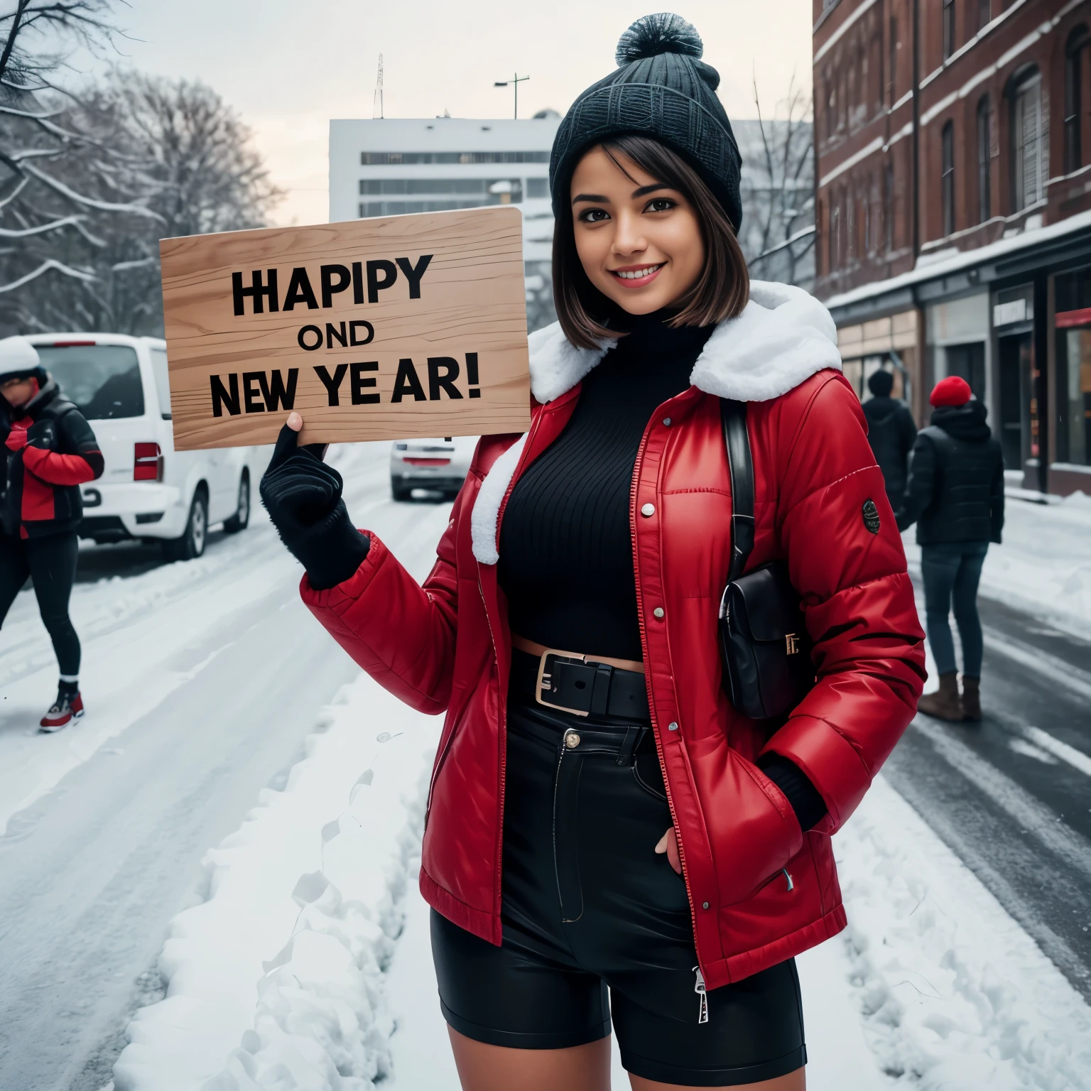 Isabela Merced holding a sign with the words "Happy New Year":1.5, smiling, (big breasts), bob_cut hair, cleavage, red jacket, black knee_high socks, snow, mittens, wool hat, New_Years_Eve, (skin texture:1.1), (high detail face:1.1), high detail body, high detail clothes), (realistic), ultra high definition, 4k, ultra high resolution