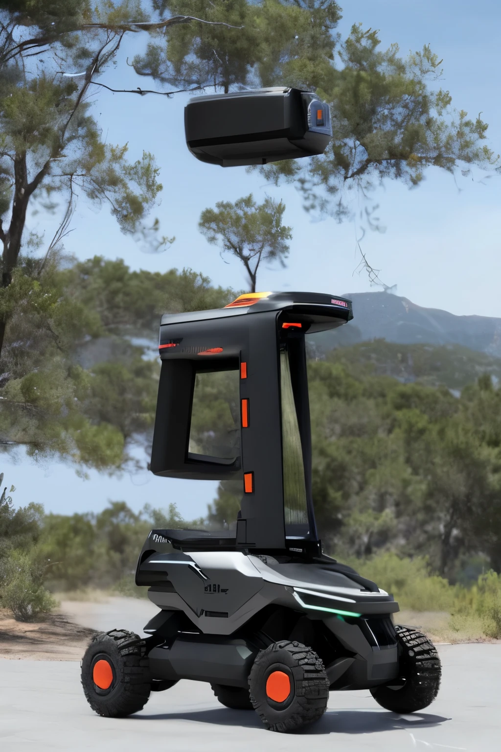 An outdoor off-road rescue robot,Equipped with communication device,There is lidar and robotic arm on the top,There is storage space in the middle,Bottom has suspension and wheels,The chassis relies on batteries for power,Low profile,military grade,Industrial design style,Product design,Frontal angle,solid color backdrop