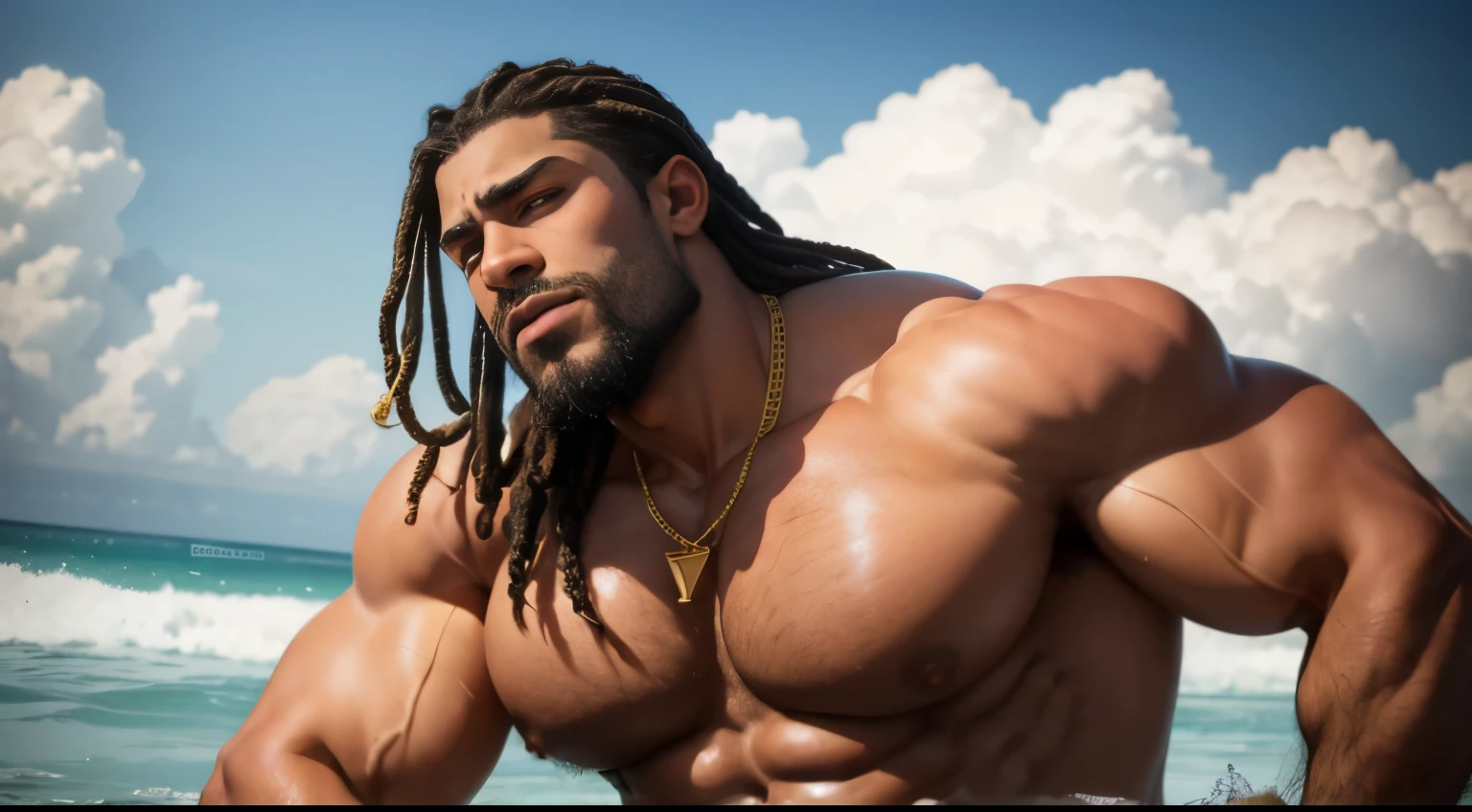 Giant 18 years old black man, absurdly huge bulge, giant growing more and more, giantic, colossal, muscle domination, macrophilia, sexy, briefs, stubble, broad shoulders, thick lips, vascular, ((very dark skin)), (black skin), very sweaty, huge belly, thick thighs, very thick arms, large , smirk, tattoo, thug, gold jewelry, heavy gold chain, romantic, blushing, veiny hands, photorealistic, romantic, dreadlocks, short beard, looking at viewer, from below, steaming body, sweaty body , steam, on all fours on beach, wet