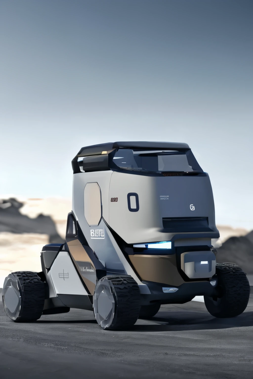 An outdoor off-road rescue robot,Equipped with communication device,There is lidar and robotic arm on the top,There is storage space in the middle,Bottom has suspension and wheels,The chassis relies on batteries for power,Low profile,military grade,Industrial design style,Product design,Frontal angle,solid color backdrop