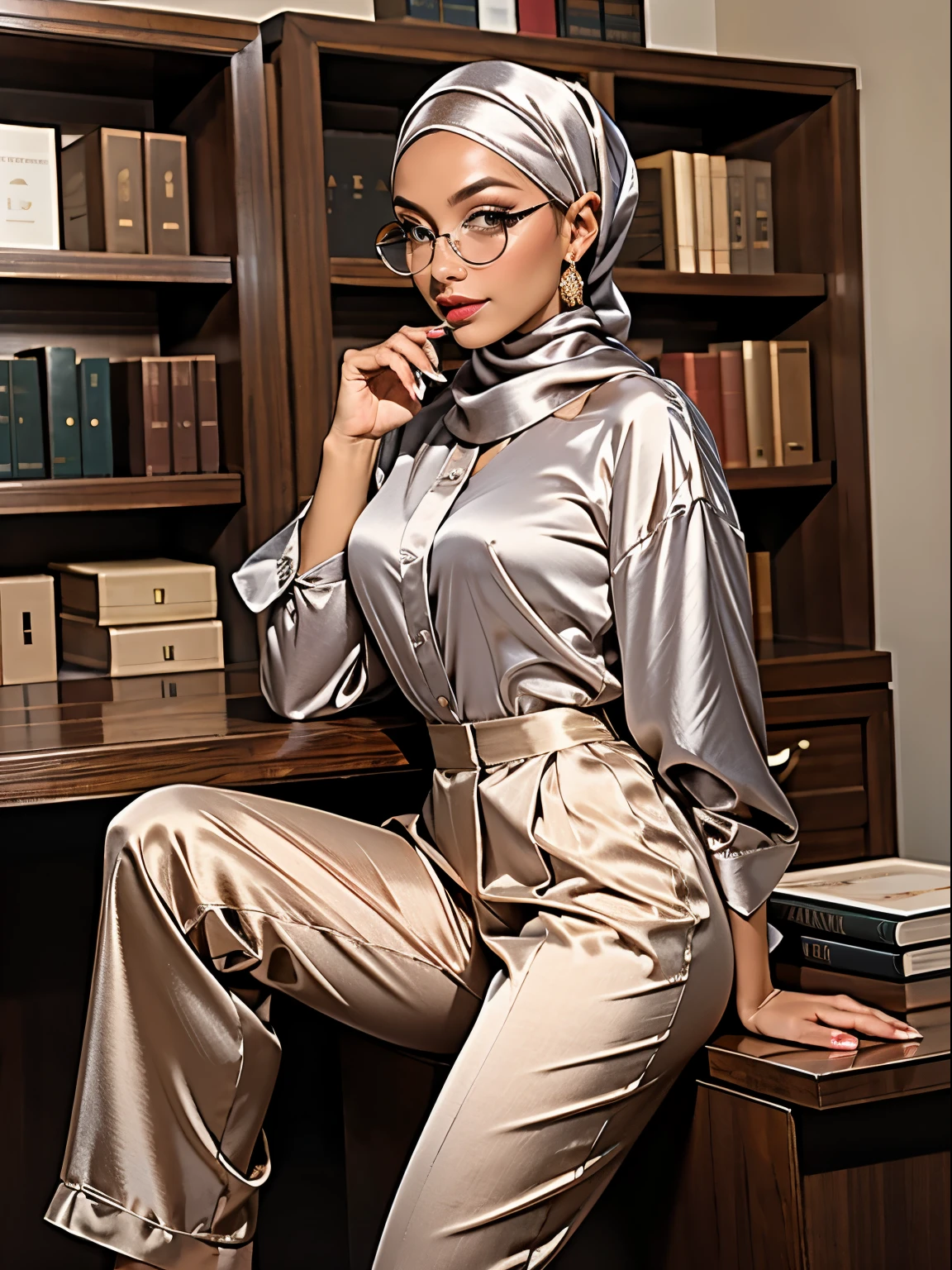 Masterpiece, realistic, best quality, best lighting, 1 girl photo solo, MILF, Muscular, beautifully makeup, eyeshadow, Parted Lips, Detailed Eyes, beautiful big eyes, long eye lashes, smile, wearing ((gray satin headscarf)), loosely tide hijab style, ((brown satin shirt)), satin long pants, office attire, sitting on desk, book shelve, office, full body, front view, round glasses