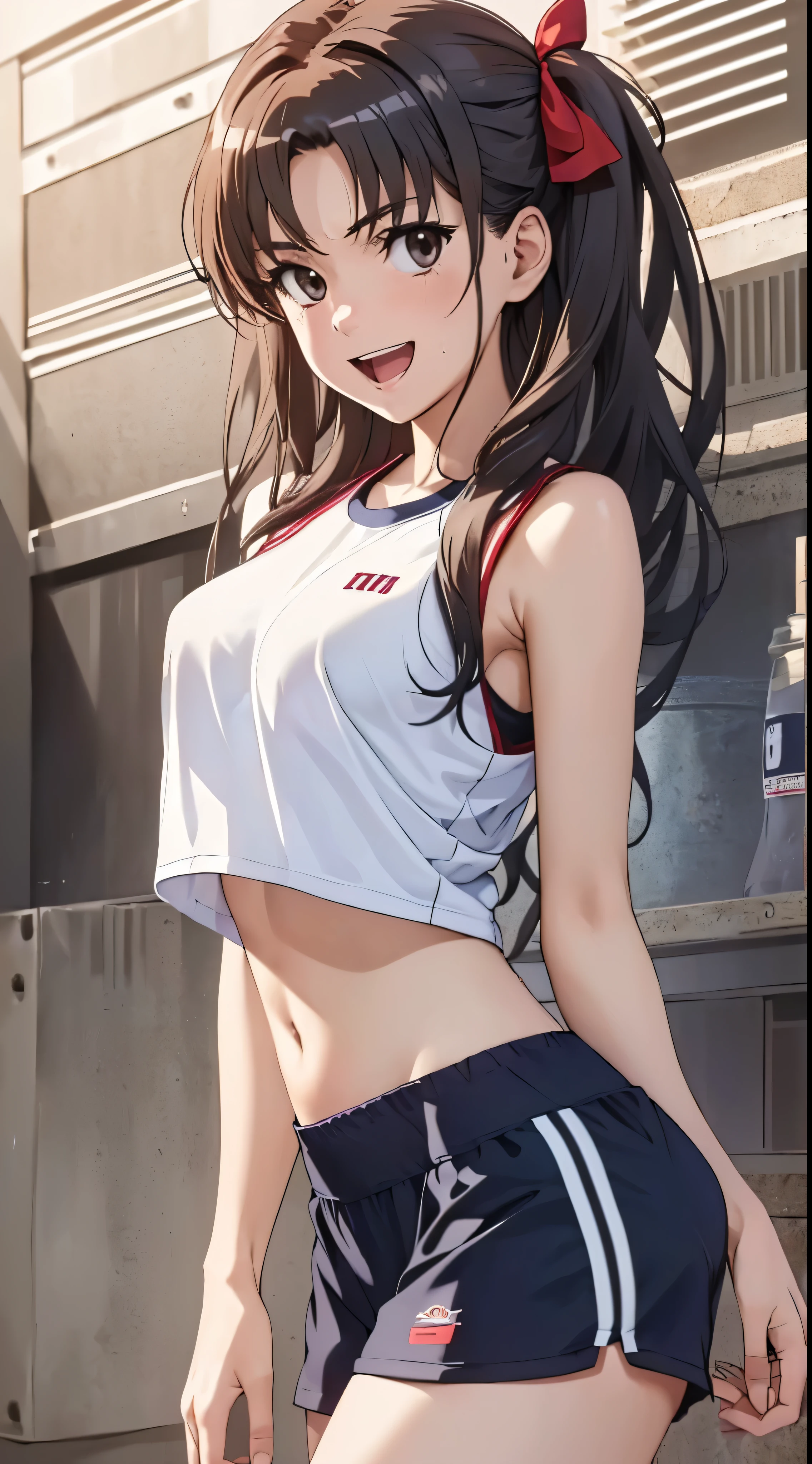 1womanl,Black hair, beautiful breasts,(((Sexy white and blue shiny gym clothes and short cheeks、Smile with open mouth)),(((Kuroko Shirai))),((( portlate))),Crowds,Shiny white gym uniform and blue shorts,Wet with sweat,((athletic field)),see -through,outside of house,(((clothes shiny)))