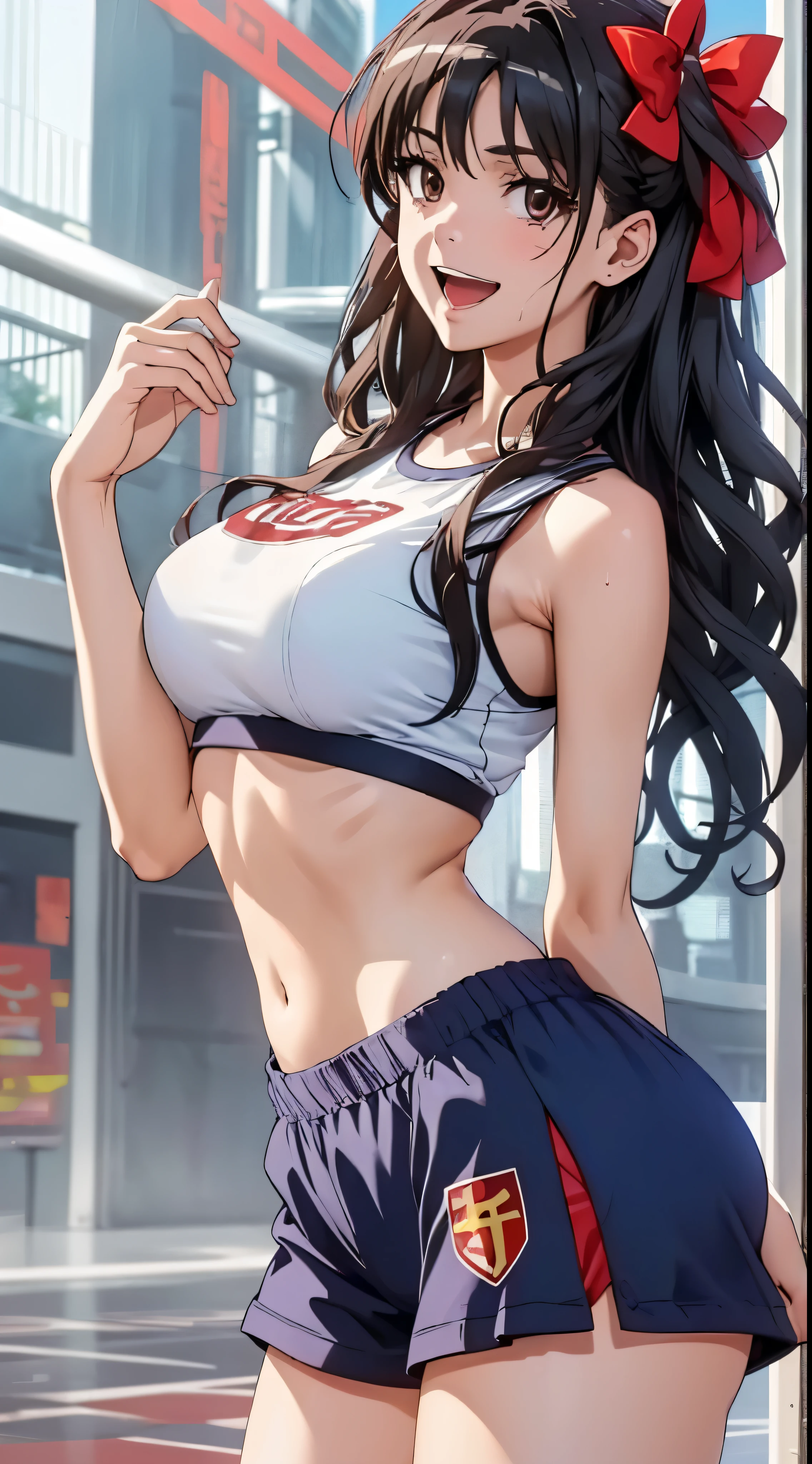 1womanl,Black hair,14 year old beautiful breasts,(((Sexy white and blue shiny gym clothes and short cheeks、Smile with open mouth)),(((Kuroko Shirai))),((( portlate))),Crowds,Shiny white gym uniform and blue shorts,Wet with sweat,((athletic field)),see -through,outside of house,(((clothes shiny)))