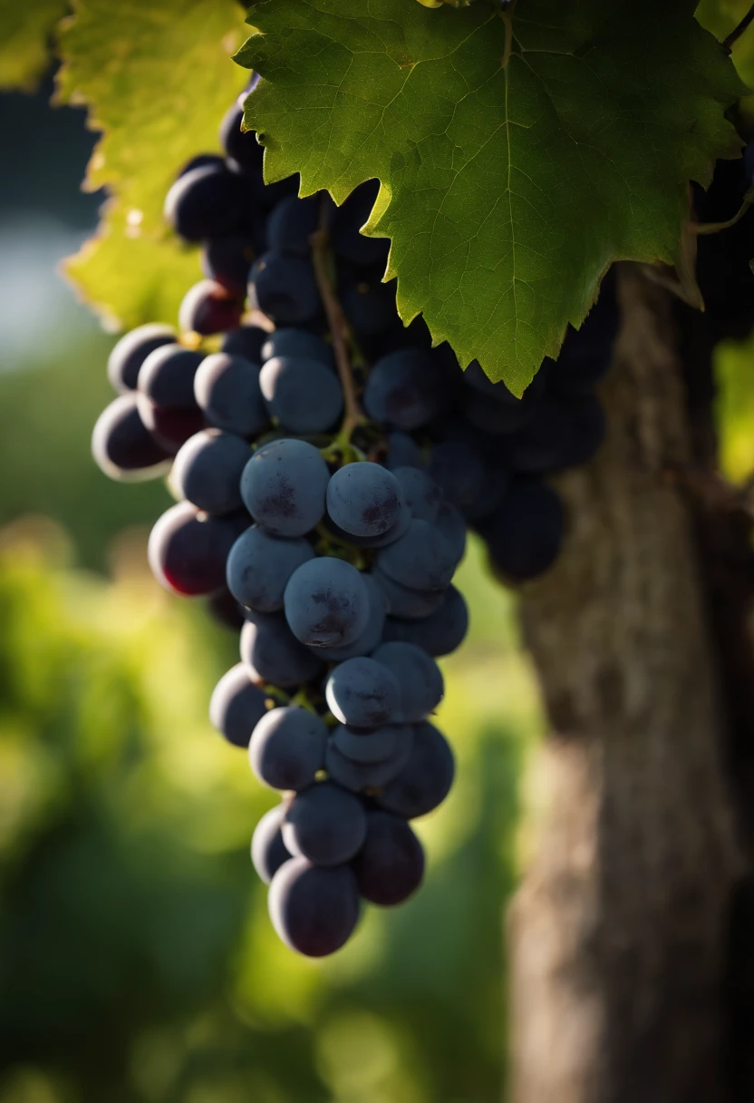 a high-resolution shot of a grapevine in a vineyard, with lush green leaves and clusters of grapes, evoking the beauty and abundance of nature’s harvest