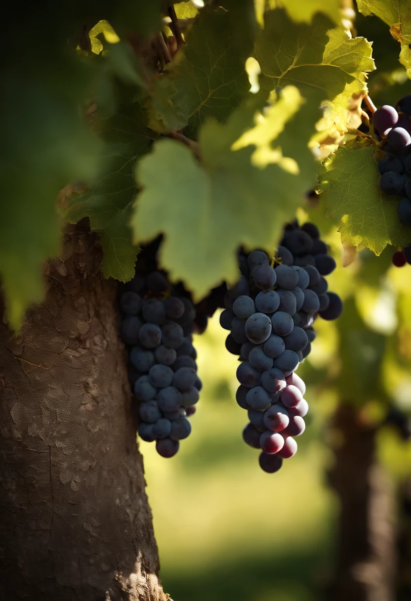 a high-resolution shot of a grapevine in a vineyard, with lush green leaves and clusters of grapes, evoking the beauty and abundance of nature’s harvest